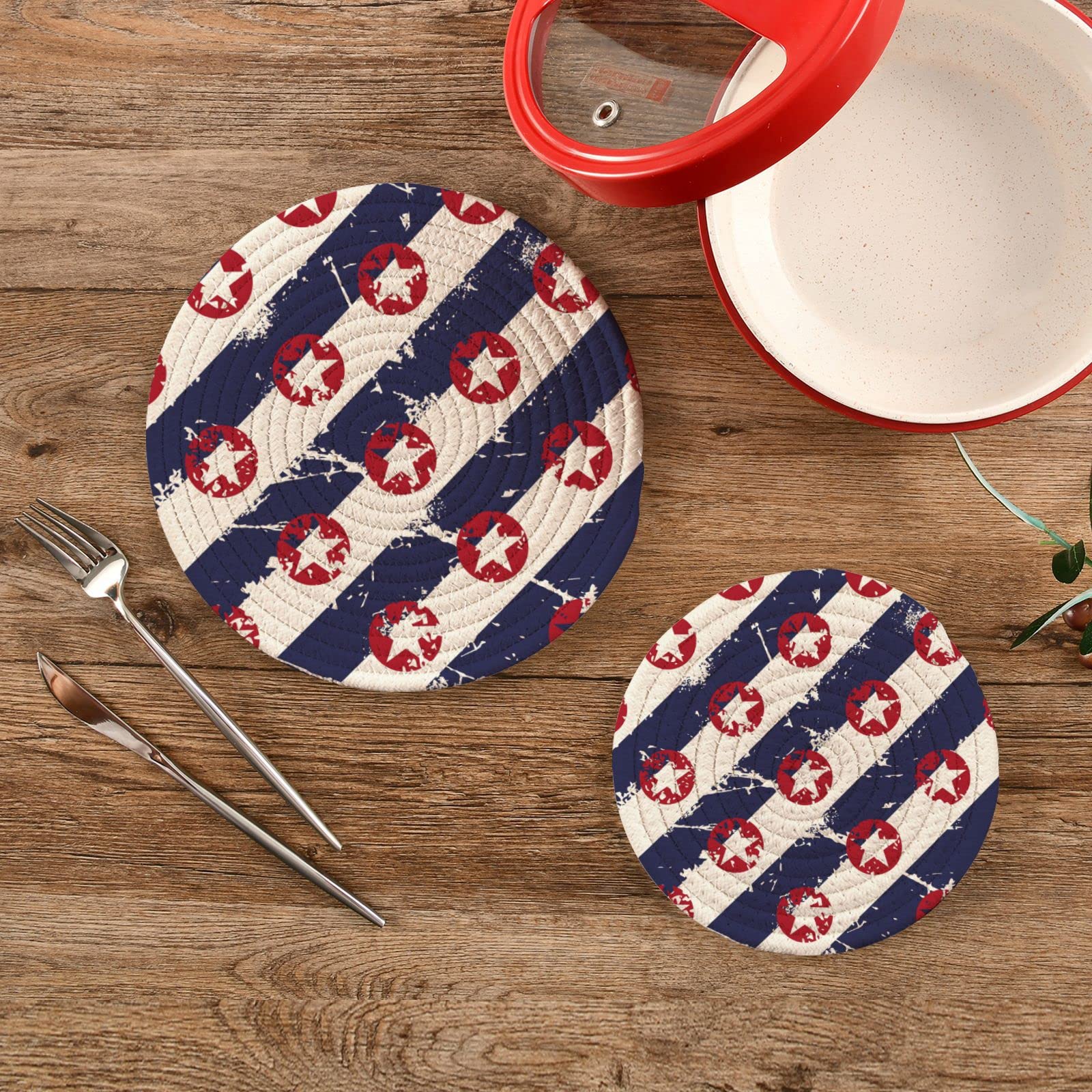 Diagonal Stripes Stars Pot Holder Trivet Set of 2 - Heat Resistant Thread Weave Hot Pads (7 & 9 Inches) for Countertop, Hot Pots & Pans - Perfect for Kitchen, Dining & BBQ Use