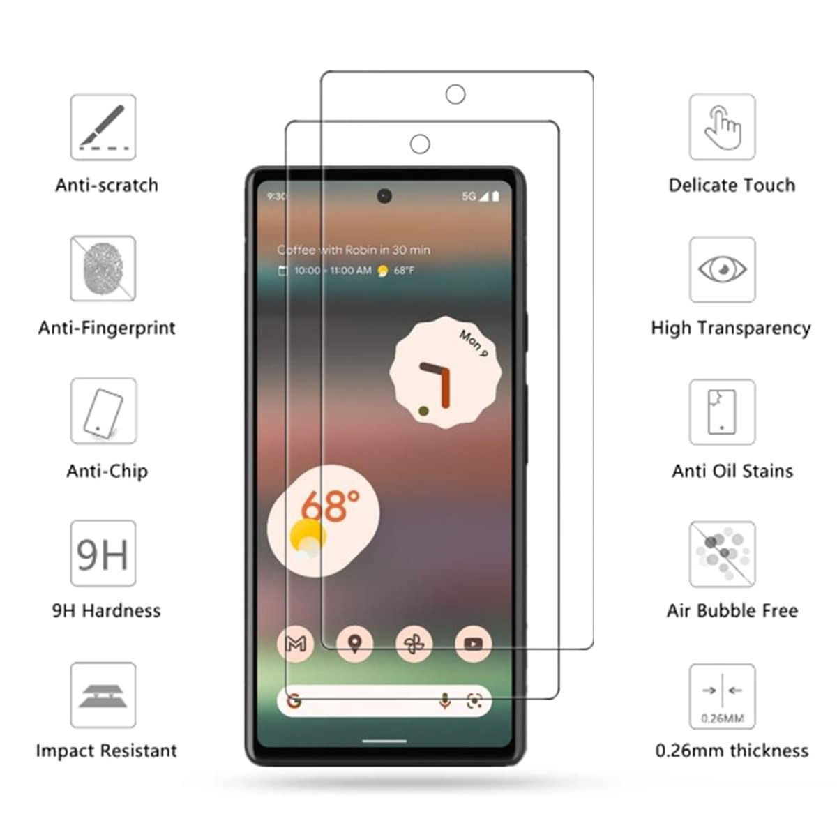 VIESUP 2-Pack HD Clear Tempered Glass Screen Protector for Google Pixel 6a - 9H Hardness, Anti-Scratch, Case Friendly for Daily Protection