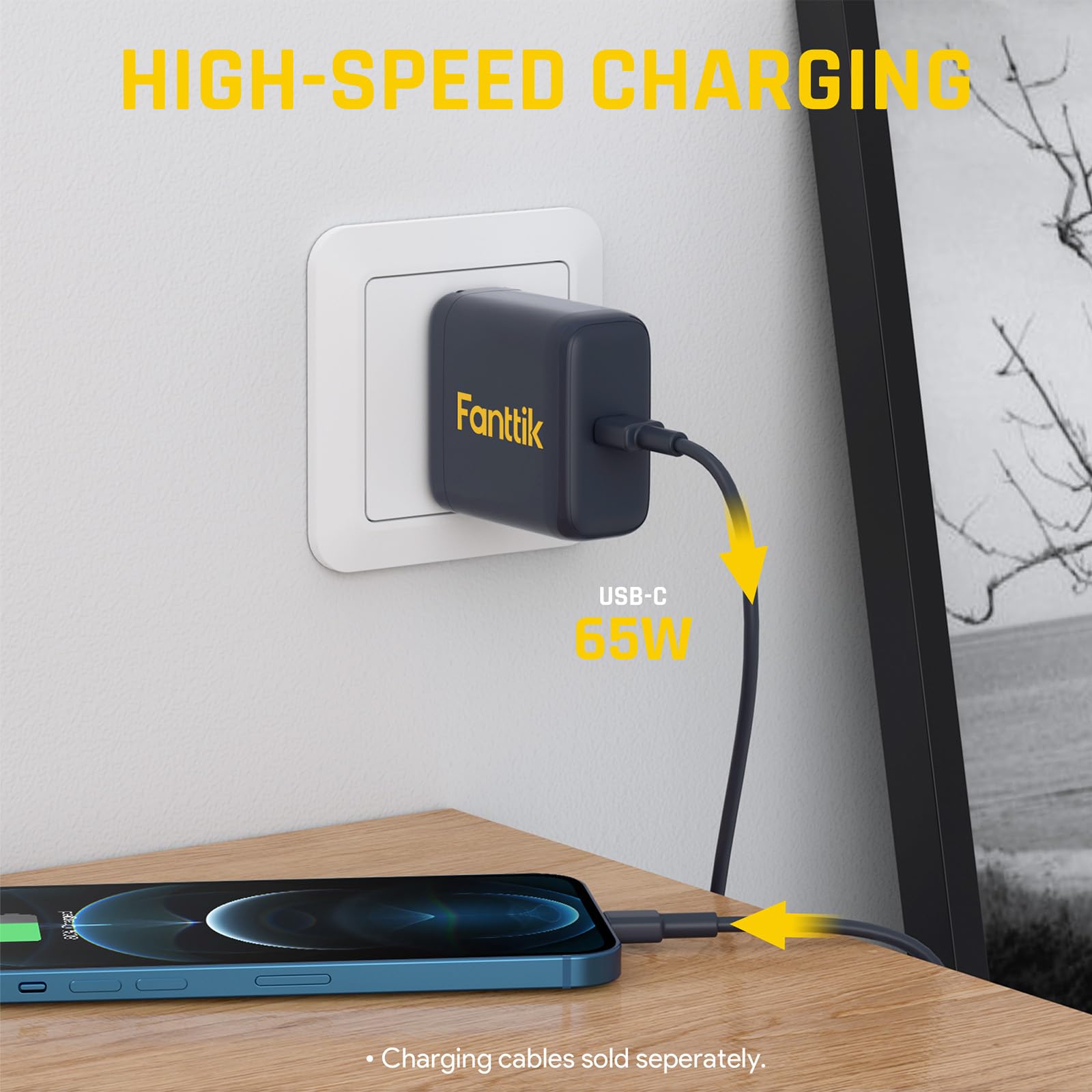 Fanttik PD 65W Fast Charger with USB-C Port - High Speed Charging for T8 APEX Jump Starter, Laptops, Phones & Tablets - Perfect for Travel, Home & Office Use
