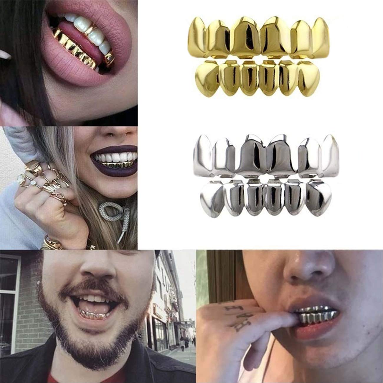 24K Gold Plated Custom Fit Hip Hop Teeth Grillz Set - Top & Bottom Grill Caps with 2 Silicon Molding Bars | Removable Punk Style Grillz for Men & Women | Perfect for Halloween Parties, Rap Performances & Hip Hop Fashion Accessories
