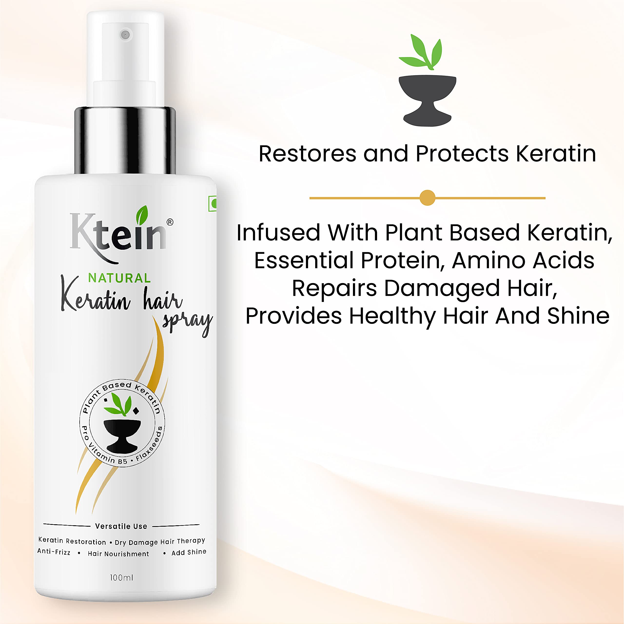 Ktein Natural Keratin Hair Spray 100ml - Sulfate Free & Heat Protectant for Damaged Hair - Perfect for Daily Styling, Frizz Control & Hair Repair