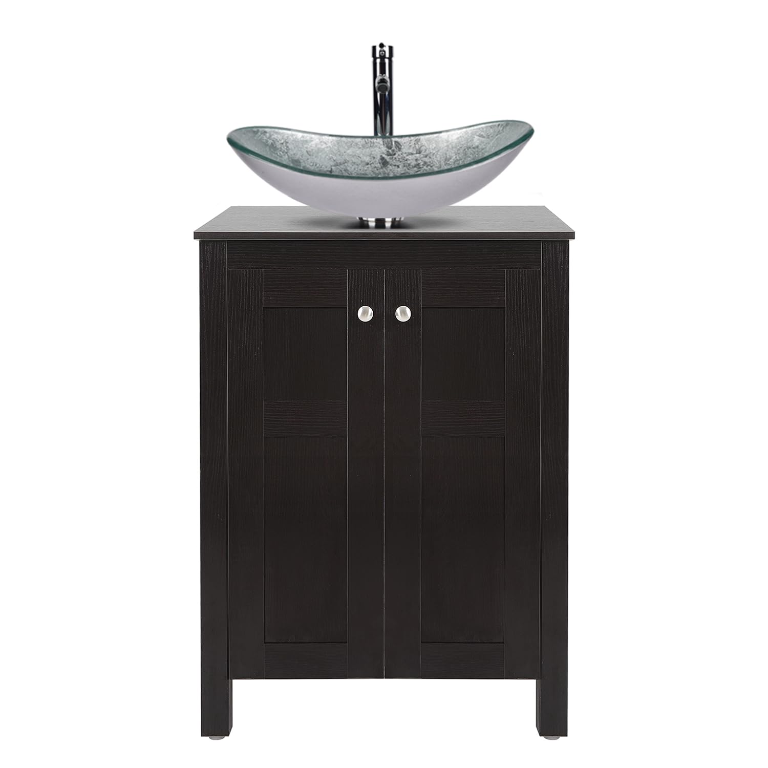 24 Inch Bathroom Vanity Set with Sink Cabinet, Silver Countertop & Glass Vessel Bowl - MDF Brown Finish & 1.5 GPM Faucet for Modern Bathroom Remodeling & Small Space Solutions
