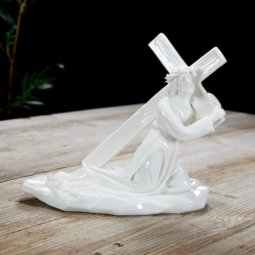 LQX Christ Jesus Statue - Handcrafted Ceramic Cross Sculpture for Catholic Home Decor, Religious Gifts & Christian Desktop Accessories | Perfect for Prayer Altars, Church Displays & Spiritual Home Decorating