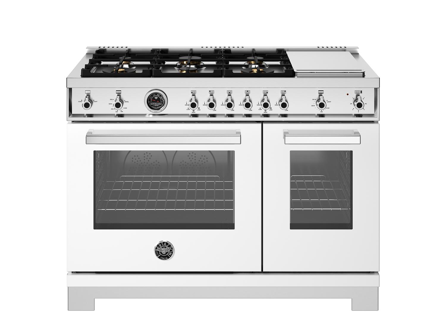 Bertazzoni PRO486BTFGMBIT 48 Inch Professional Gas Range - 6 Brass Burners with Griddle in Bianco White - Perfect for Home Chefs & Commercial Kitchens