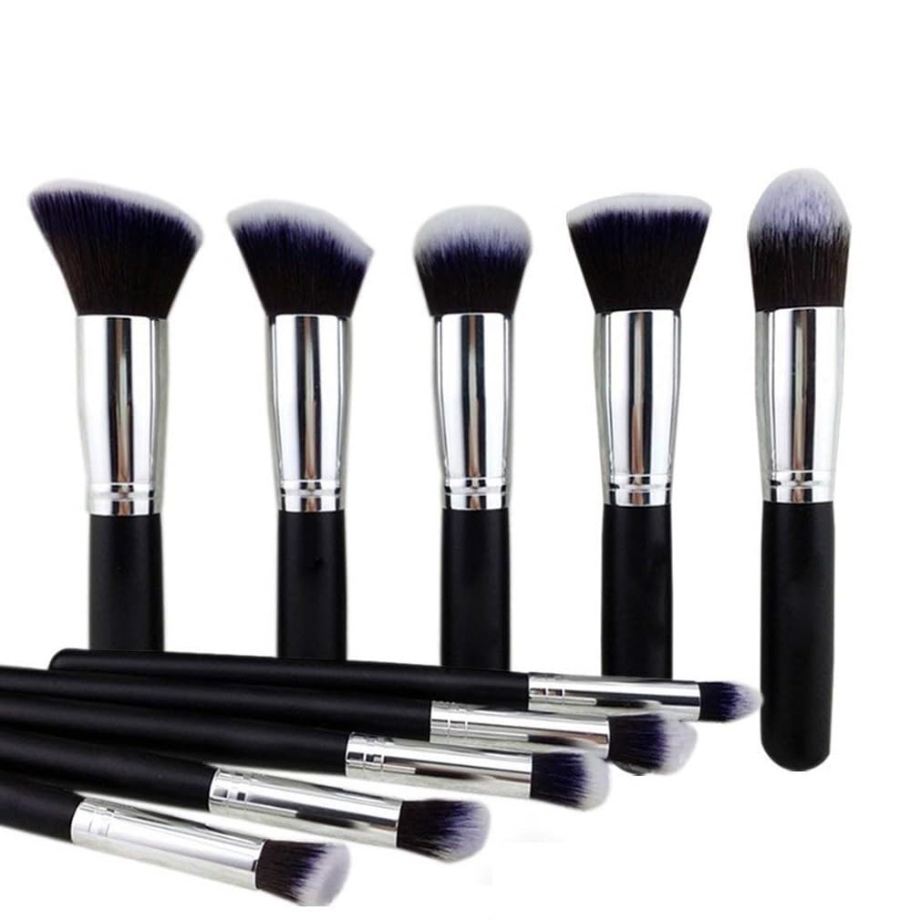 Alku 10-Piece Black Makeup Brush Set - Professional Cosmetic Brushes for Foundation, Blending, Eyeshadow & More - Perfect for Home & Travel Makeup Kits