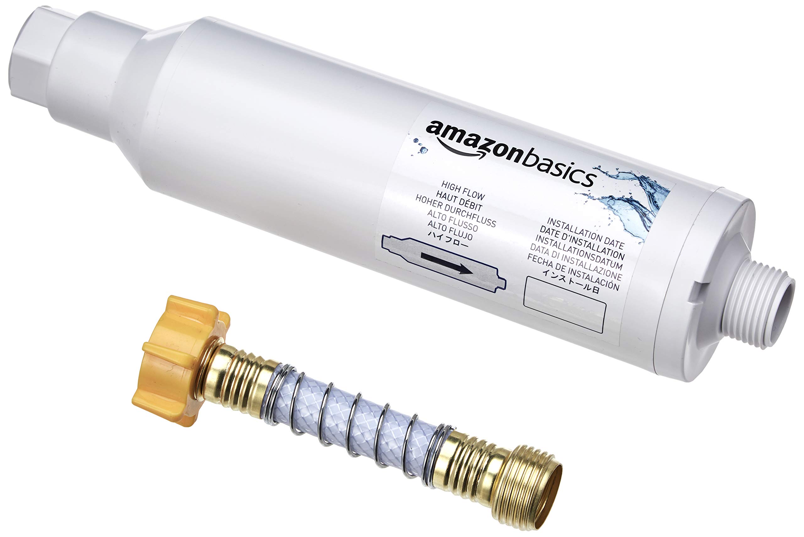 Amazon Basics Inline Water Filter with Flexible Hose Protector - White | Under Sink, Refrigerator & RV Water Filtration System | Reduces Sediment & Chlorine Taste