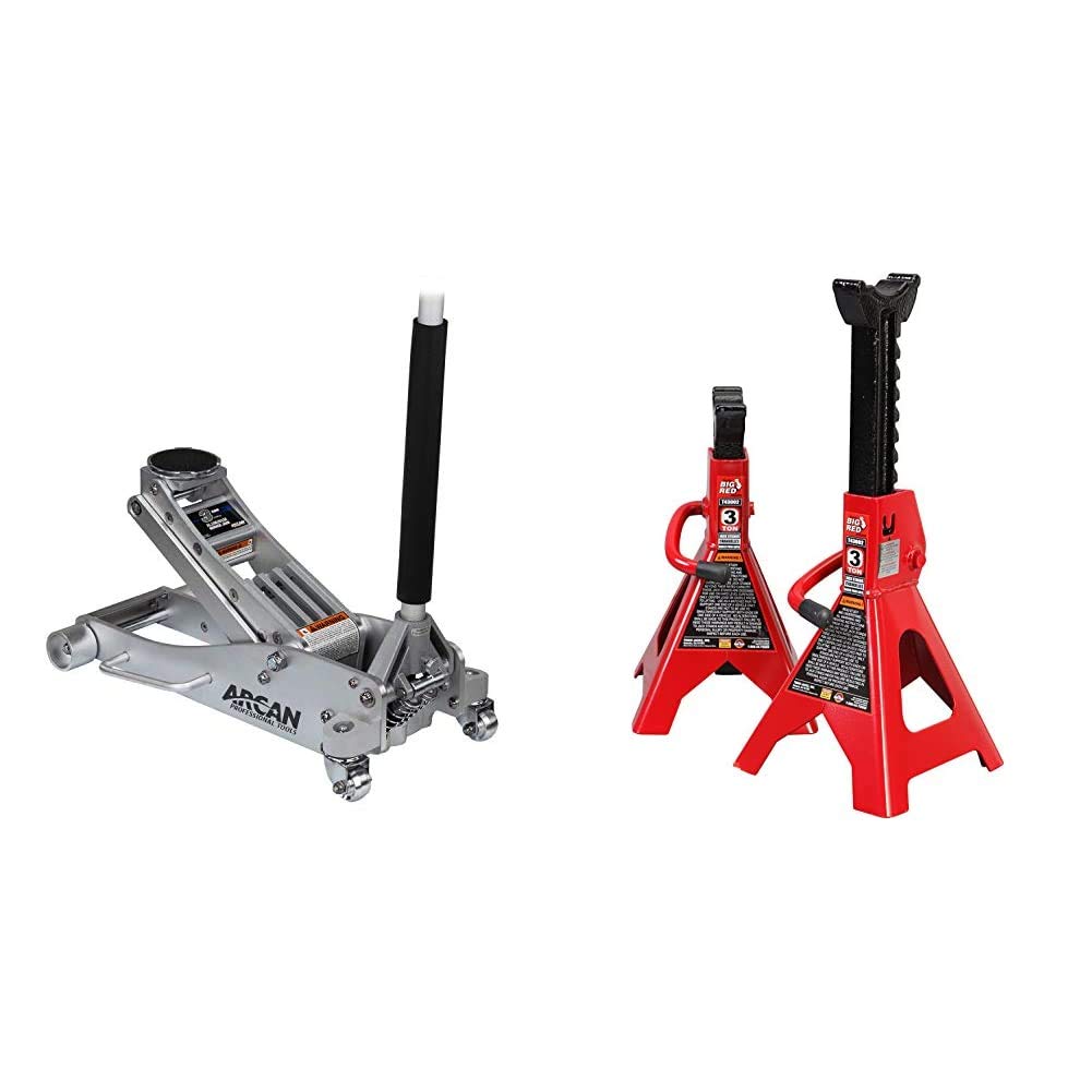 Arcan 3-Ton Aluminum Floor Jack with BIG RED T43202 3-Ton Steel Jack Stands (6,000 lb Capacity) - Red Heavy Duty Car Lift Set for Vehicle Maintenance, Tire Changes & Auto Repair