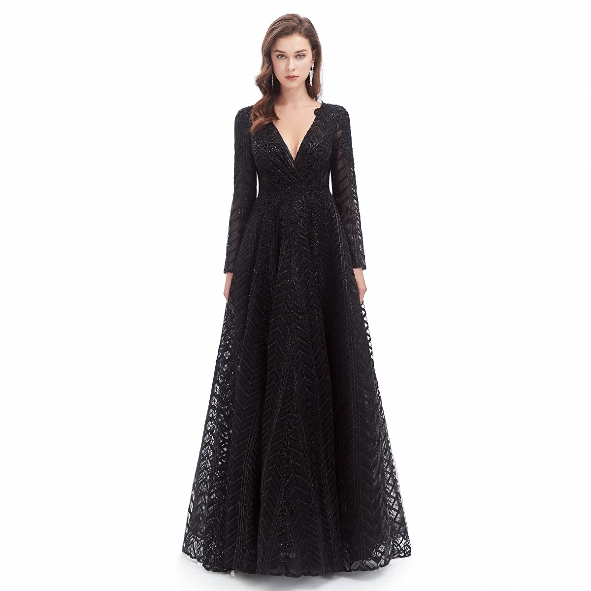 LYKYCYFG Women's Long Sleeve Lace Evening Dress with V Neck & Crystal Beads - Elegant Formal Gown for Prom, Wedding, Cocktail Party & Special Occasions
