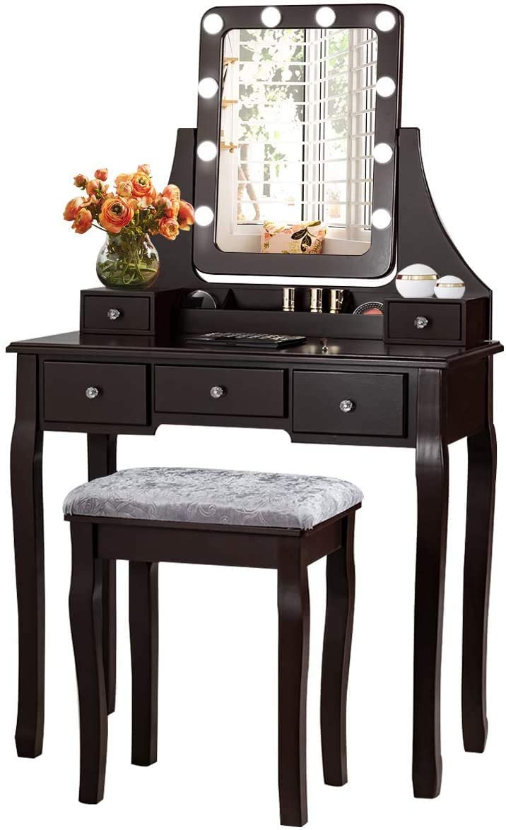 CHARMAID LED Vanity Makeup Desk Set with Lighted Mirror & Stool - 10 Dimmable Bulbs, 5 Drawers, 2 Dividers, 3 Organizers - Espresso Bedroom Dressing Table for Women & Teens | Perfect for Makeup, Skincare & Jewelry Organization