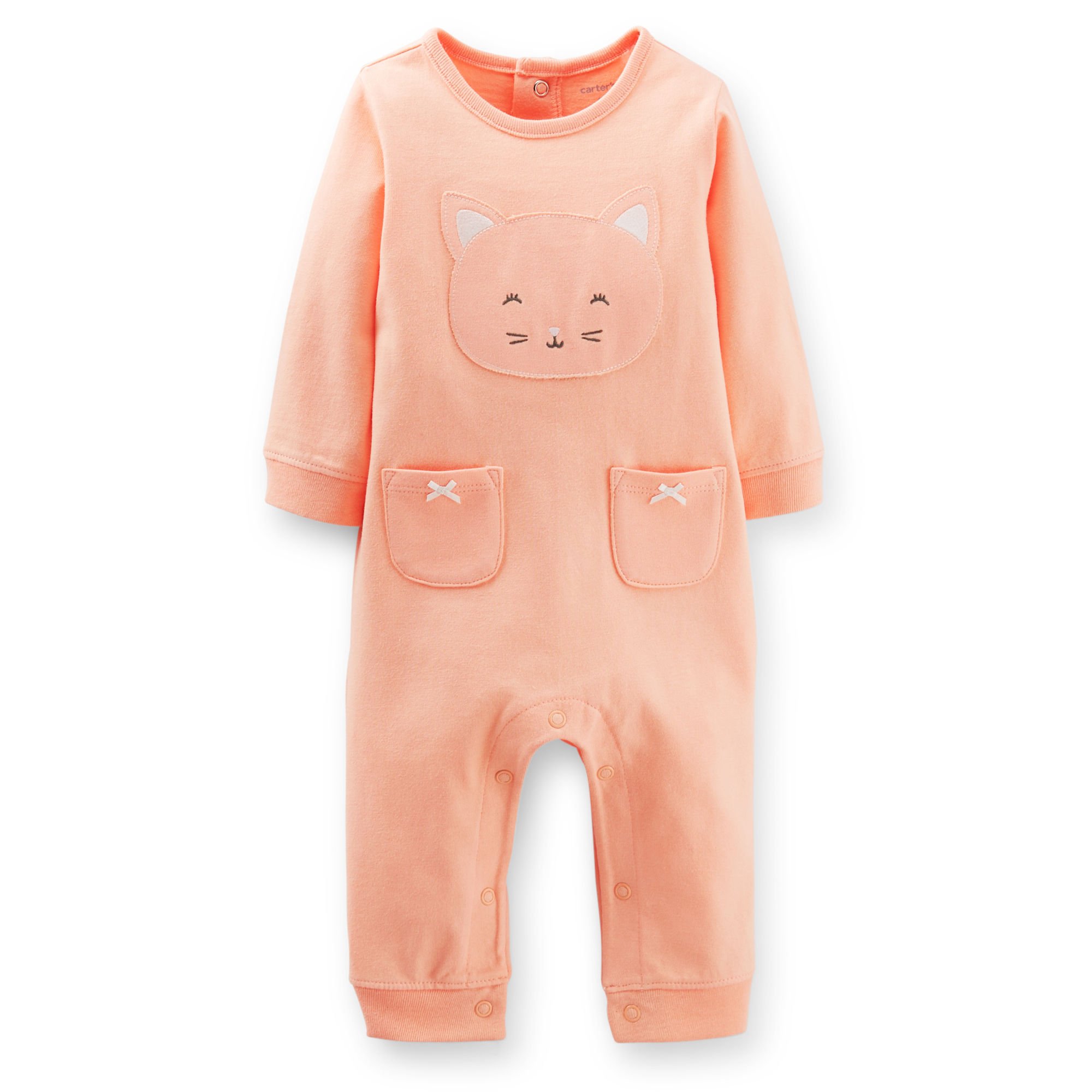 Carters Little Girls' Fleece Jumpsuit Romper with Kitty Design - Soft & Cozy One-Piece Outfit for Toddlers (18 Months, Peach) - Perfect for Playdates, Daycare & Winter Adventures