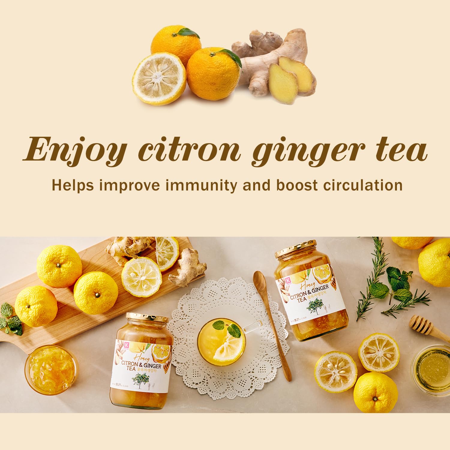 KPANTRY Honey Citron Ginger Tea - Korean Yuzu Marmalade for Tea & Smoothies - 35.27oz (2 Pack) - Perfect for Cold Relief & Throat Soothing