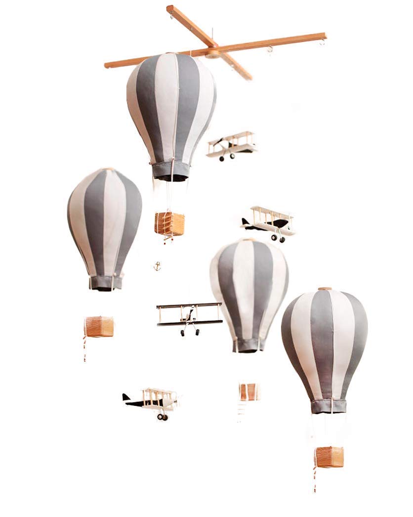 Large Hot Air Balloon & Airplane Ceiling Mobile - Wooden Airplane & Textile Balloons for Travel Theme Nursery Decor | Kids Room Hanging Decor in Gray, White & Black | Perfect Baby Shower Gift & Nursery Decoration