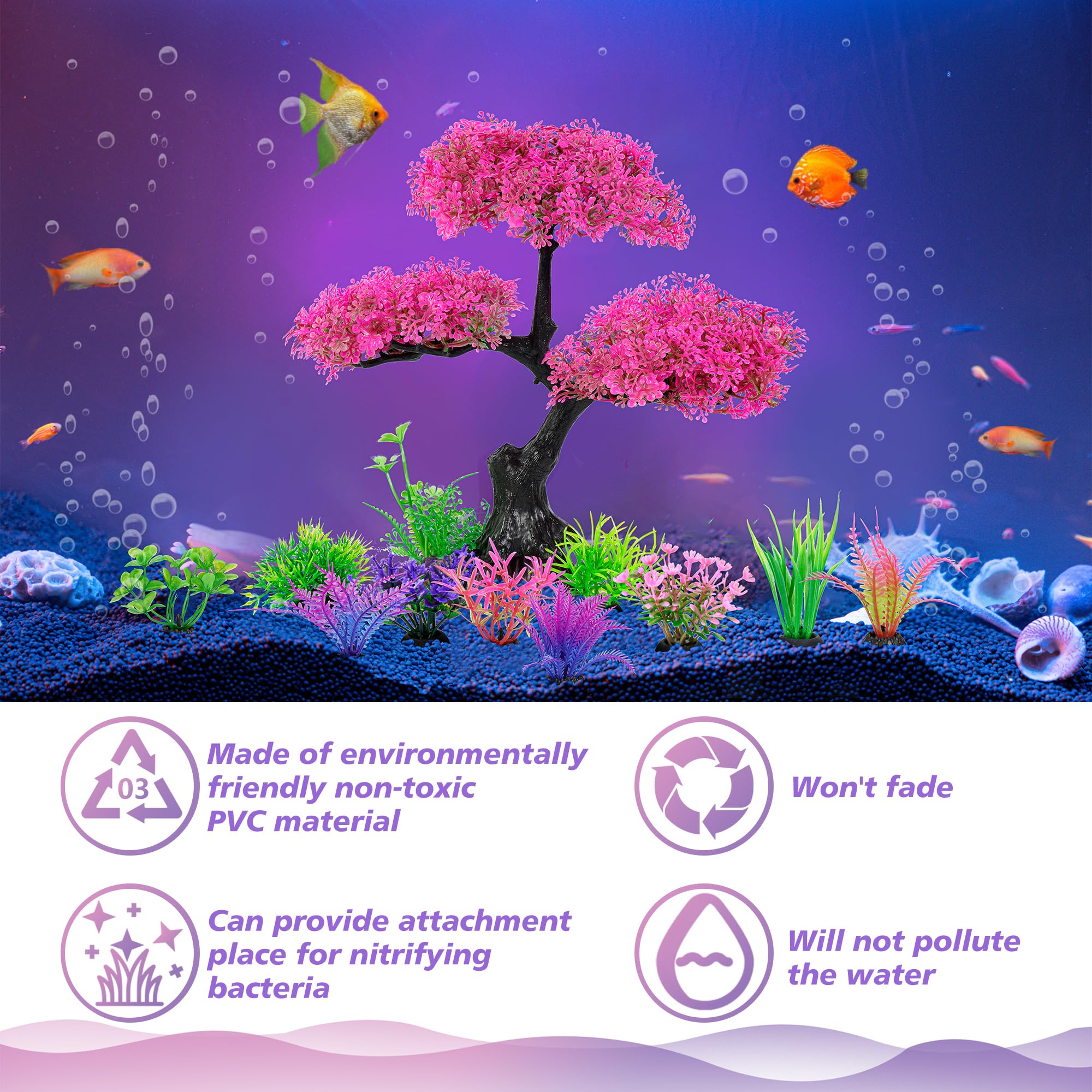 Ameliade Artificial Aquarium Plants Decor - Pink Cherry Blossom Tree Set for Fish Tank, Goldfish & Betta Hiding Accessories | Perfect for Freshwater Aquariums, Home & Office Decor