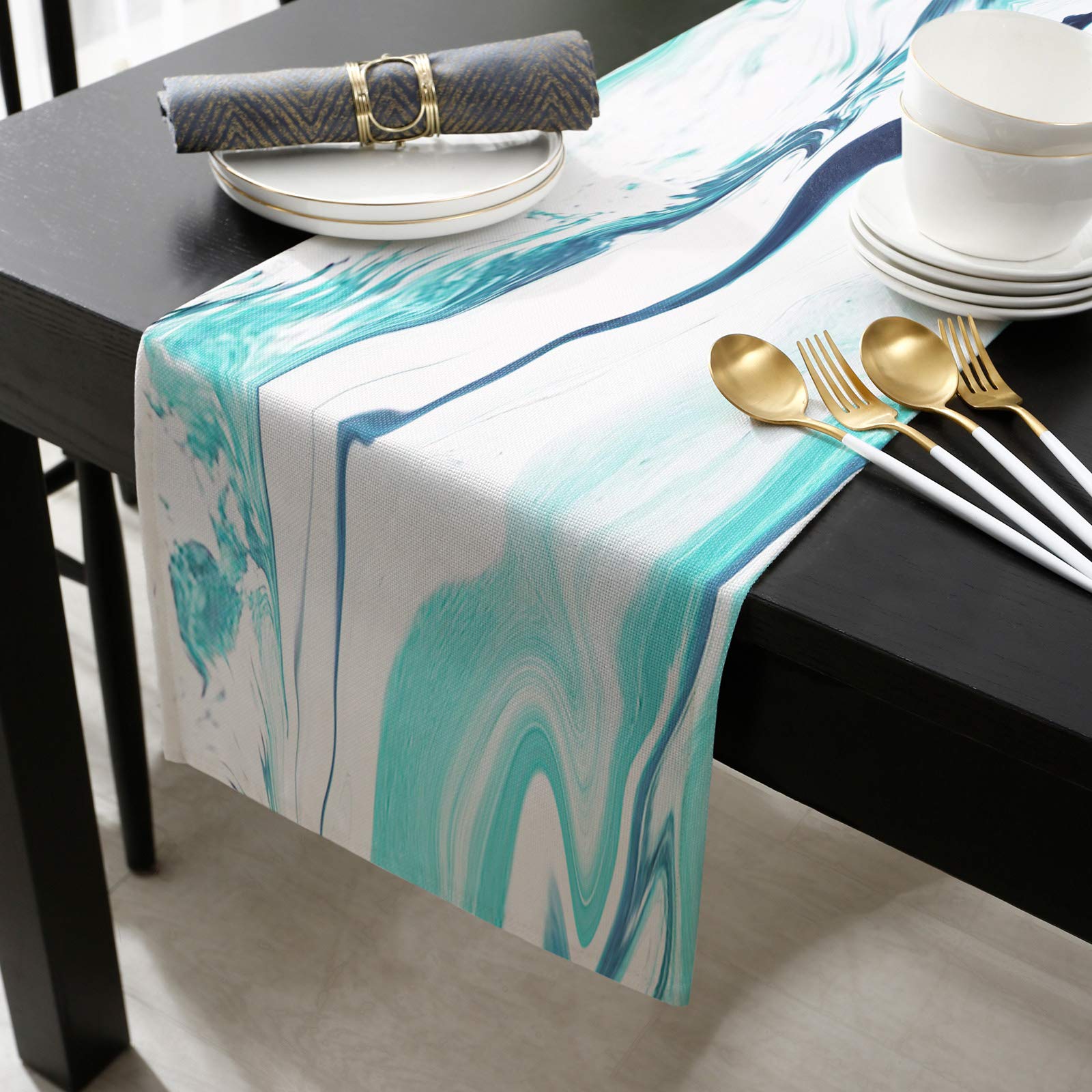 90 Inch Burlap Linen Table Runner - Water Ripple Blur Design, Teal Turquoise Farmhouse Decor for Kitchen, Dining Table, Dresser | Perfect for Wedding, Banquet, Coffee Table & Party Decorations