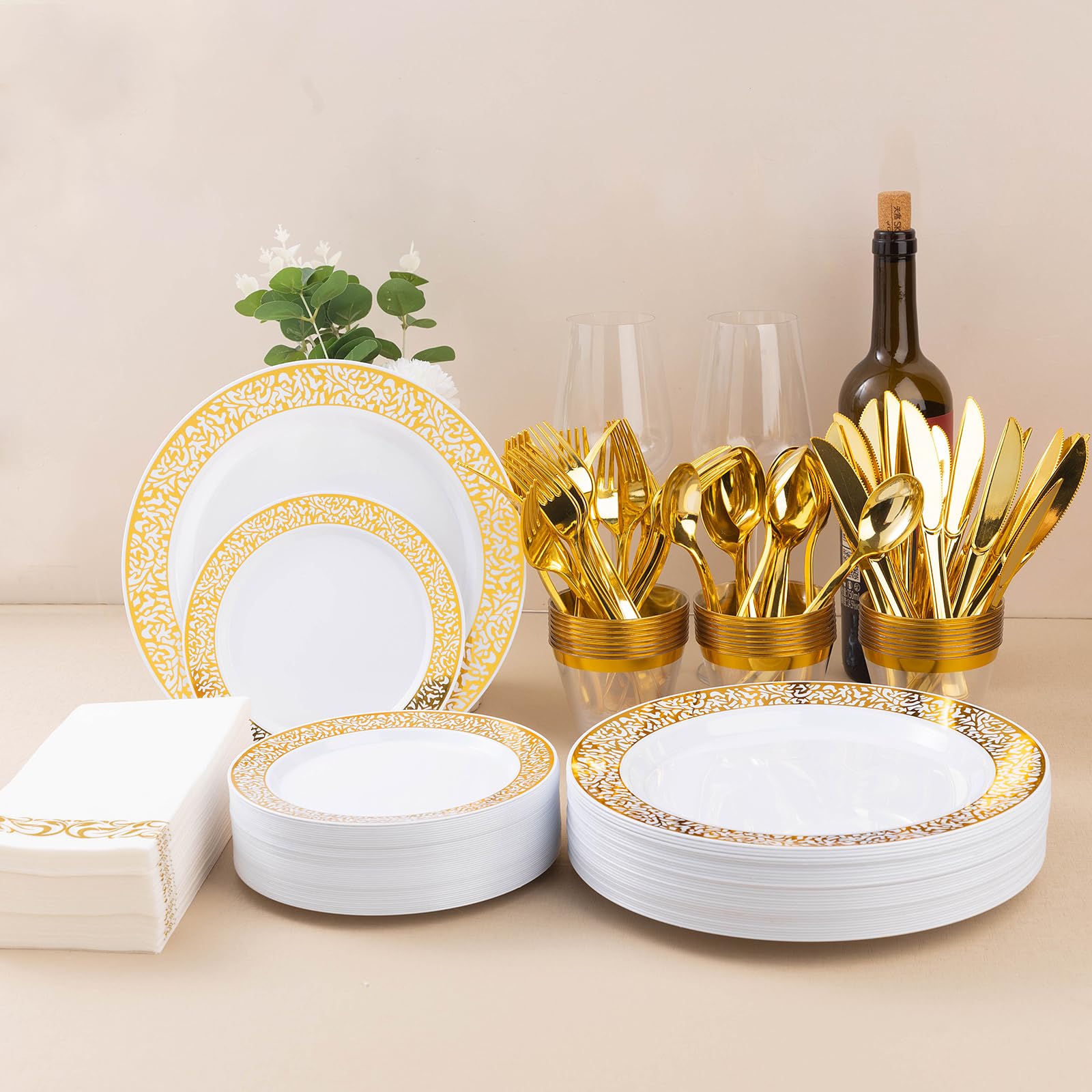 175-Piece Gold Plastic Dinnerware Set for 25 Guests - Disposable Plates, Silverware, Cups & Napkins for Wedding, Party & Dinner Events - Elegant Tableware for Special Occasions