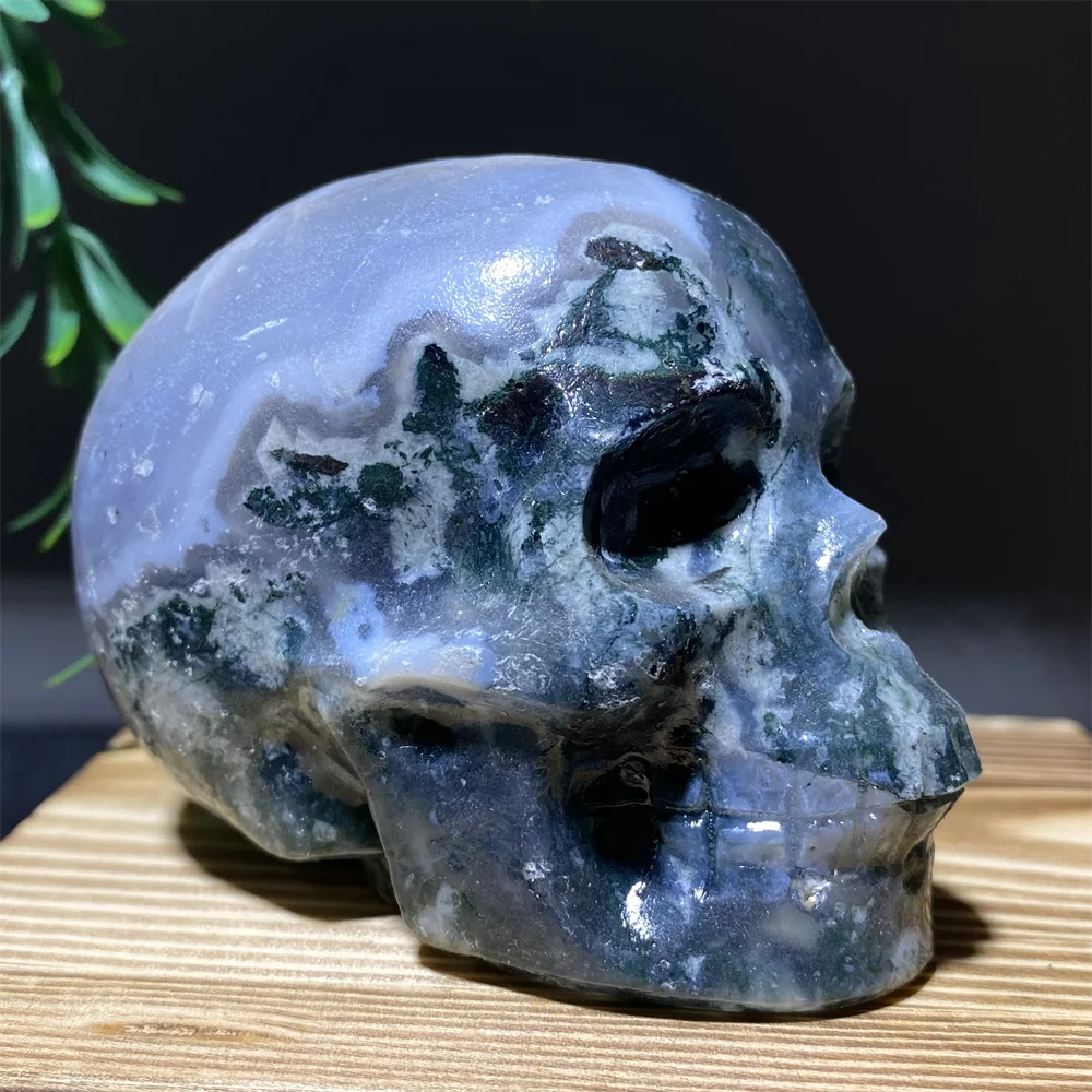 Natural Green Moss Agate Carved Skull Druzy Crystal - Healing Stone Geode for Witchcraft & Home Decor | Meditation, Altar Display & Spiritual Healing Gift