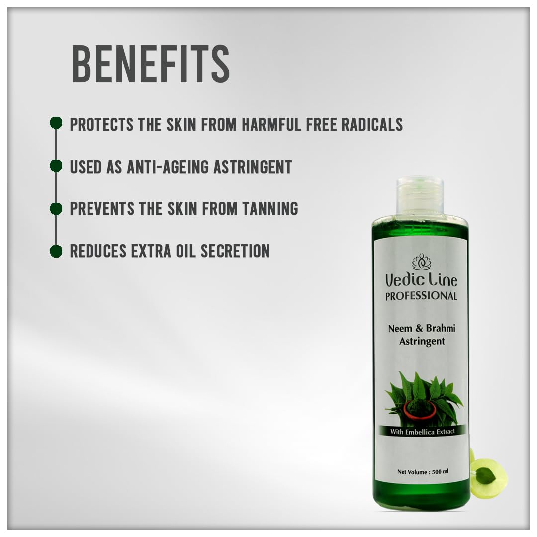 Vedicline Neem & Brahmi Astringent for Dark Spots & Acne Treatment - 500ml with Emblica Extract for Healthy Skin | Fights Blemishes & Pimples | Perfect for Daily Skincare Routine & Oily Skin Care