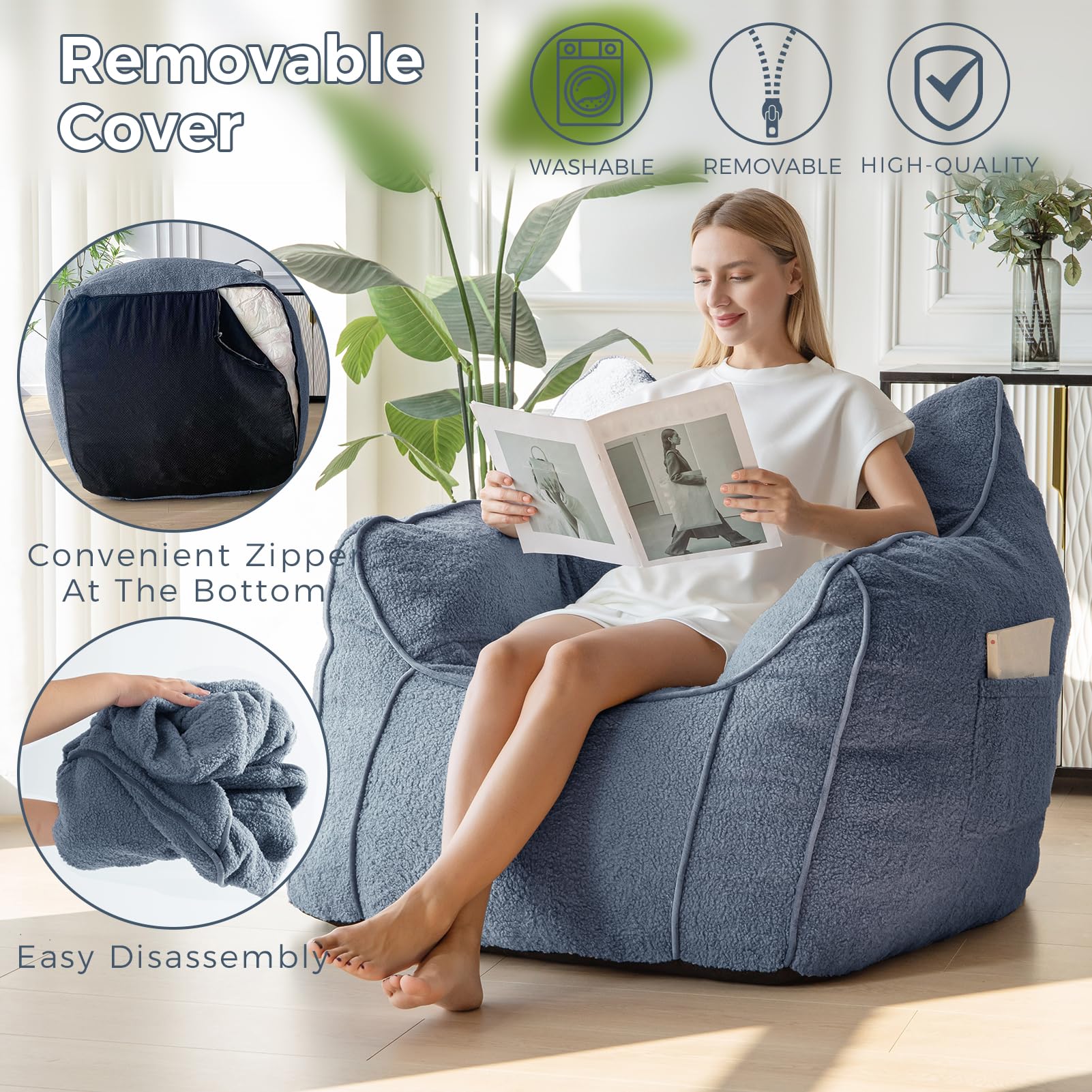 MAXYOYO Giant Bean Bag Chair for Adults - Extra Large Fluffy Bean Bag Couch with Decorative Edges, Dusty Blue - Perfect for Living Room, Bedroom, Game Room & Dorm Relaxation