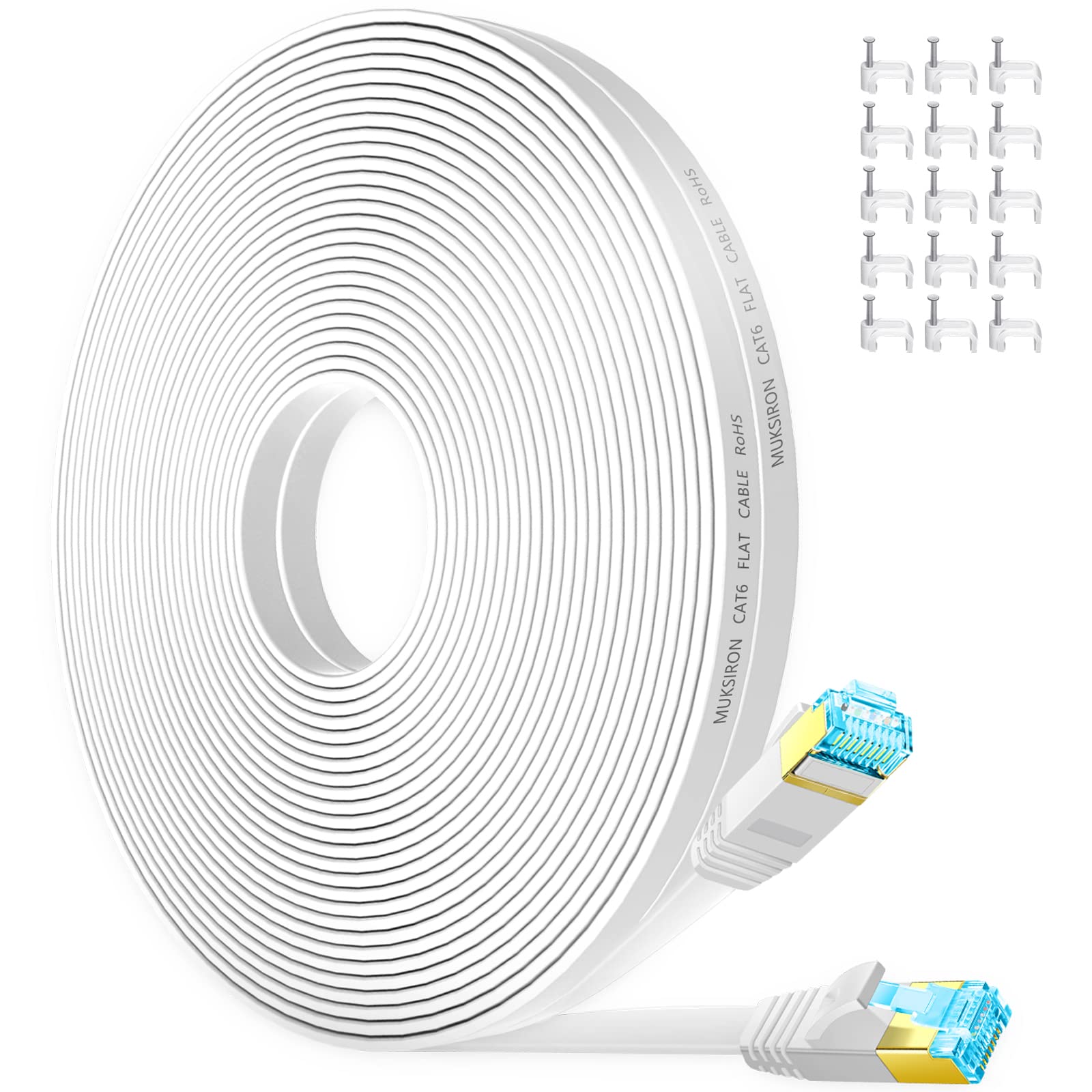 100 ft Cat 6 Ethernet Cable - High Speed Flat Slim White Network Cable with RJ45 Connectors & Clips for Router, Modem, Gaming PC - Indoor & Outdoor Use - Perfect for Home Office, Online Gaming, and Streaming
