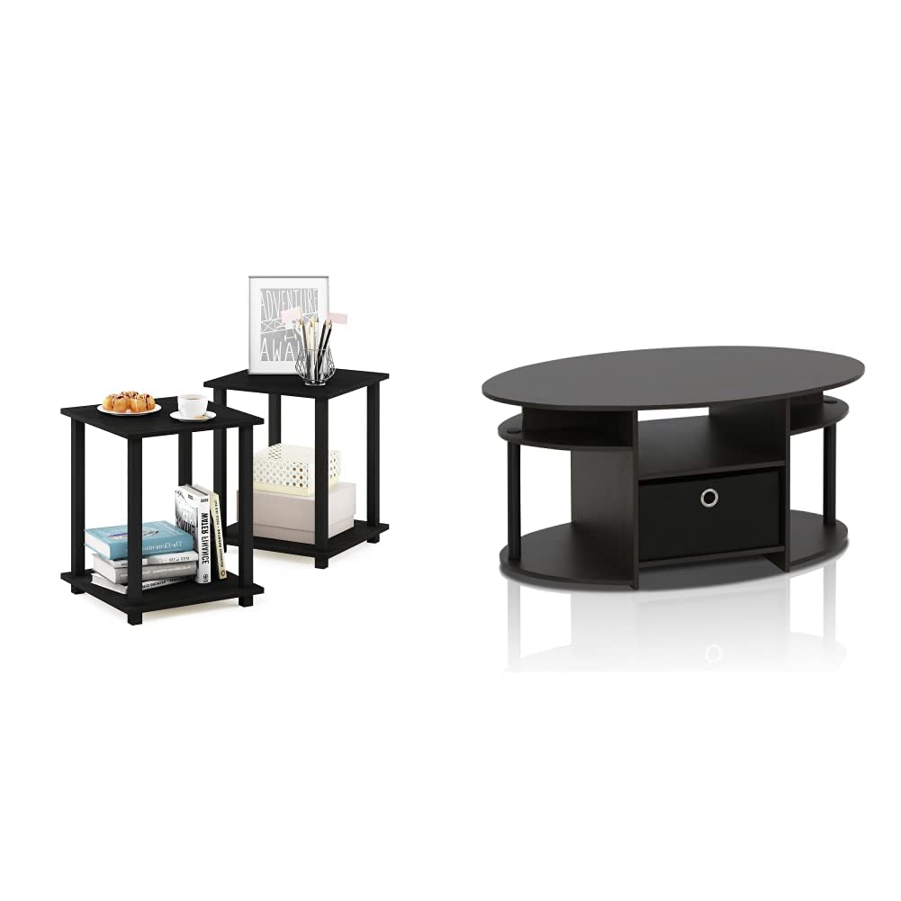 Furinno 2-Piece End Table and Oval Coffee Table Set with Storage Bin | Modern Living Room Furniture for Small Spaces | Perfect for Apartments, Dorms & Home Decor