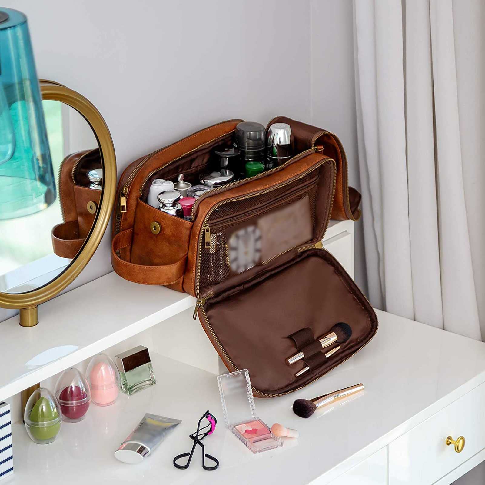 Leather Travel Toiletry Bag for Men & Women - Large Capacity Cosmetic Pouch for Trips & Gym