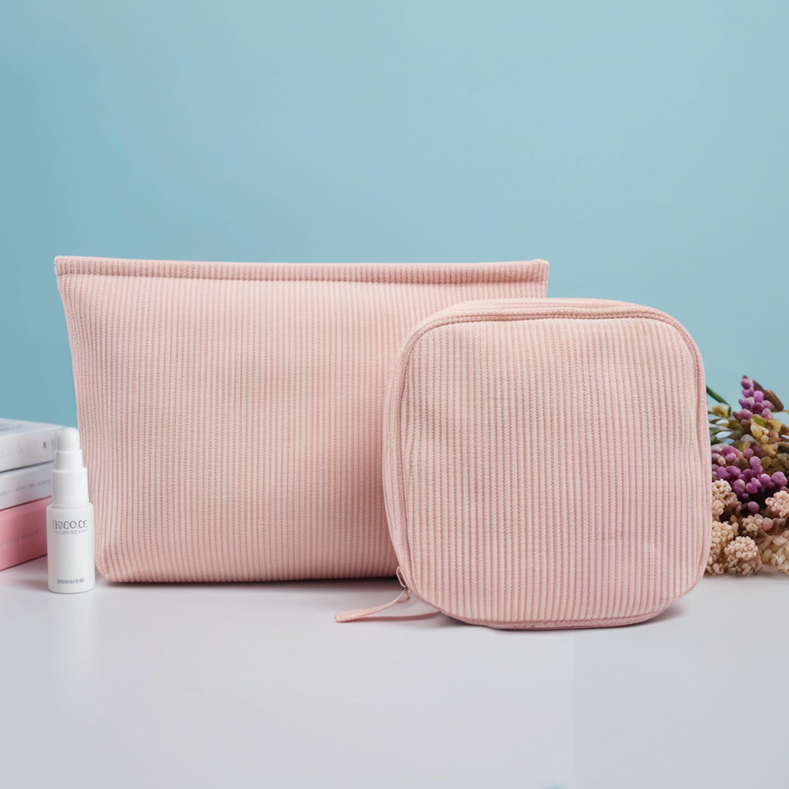 KOTORA 2-Pack Corduroy Makeup Bag Set - Preppy Travel Cosmetic Organizer with Zipper, Small Cute Makeup Pouch for Women | Perfect for Purse, Toiletry Bag & Gift Idea