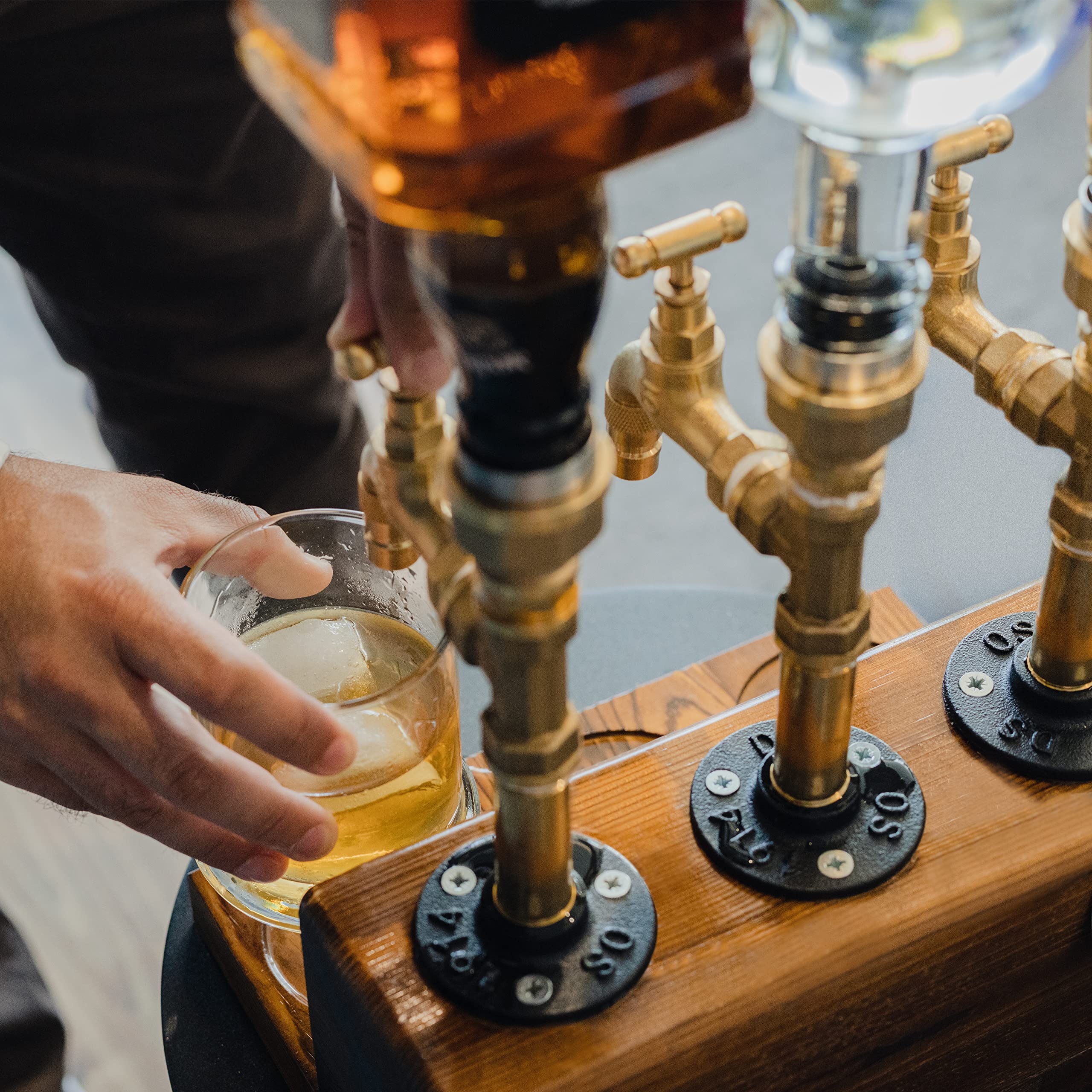 Premium Wooden Liquor Dispenser with Solid Base & Real Brass Spout - Leakproof & Smooth Pouring for Home Bars - Perfect Alcohol Gift for Men (Father's Day, Housewarming, Anniversary) - Ideal for Whiskey, Vodka & Cocktail Serving