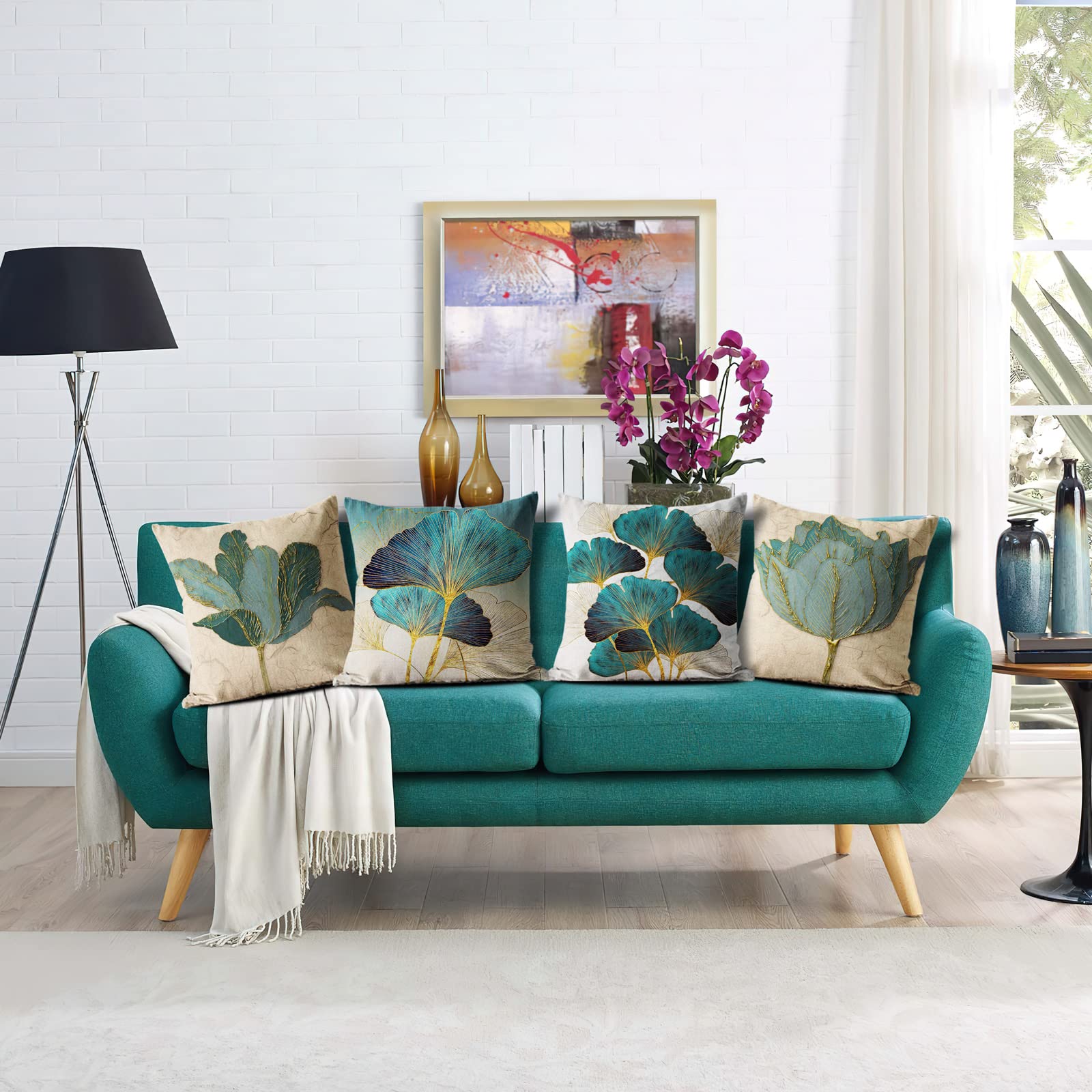 Turquoise Gold Teal Throw Pillow Covers 18x18 Inch Set of 4 - Green Botanical Leaf Floral Pillow Covers for Farmhouse Decor, Outdoor Patio, Living Room Couch & Sofa - Soft Decorative Cushion Covers for Home & Garden Use