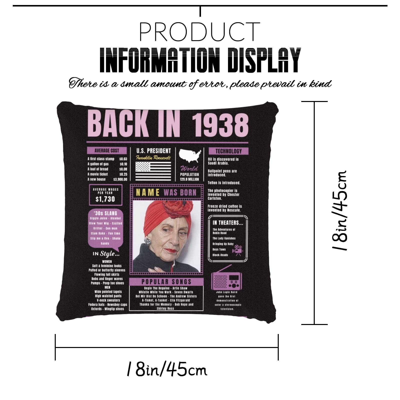 86th Birthday Gifts for Women & Men - Purple Custom Throw Pillow with 1938 Design, Super Soft Sofa Pillowcase for 86 Year Old Birthday Party Decorations | Perfect for Grandparents, Couples & Family Celebrations