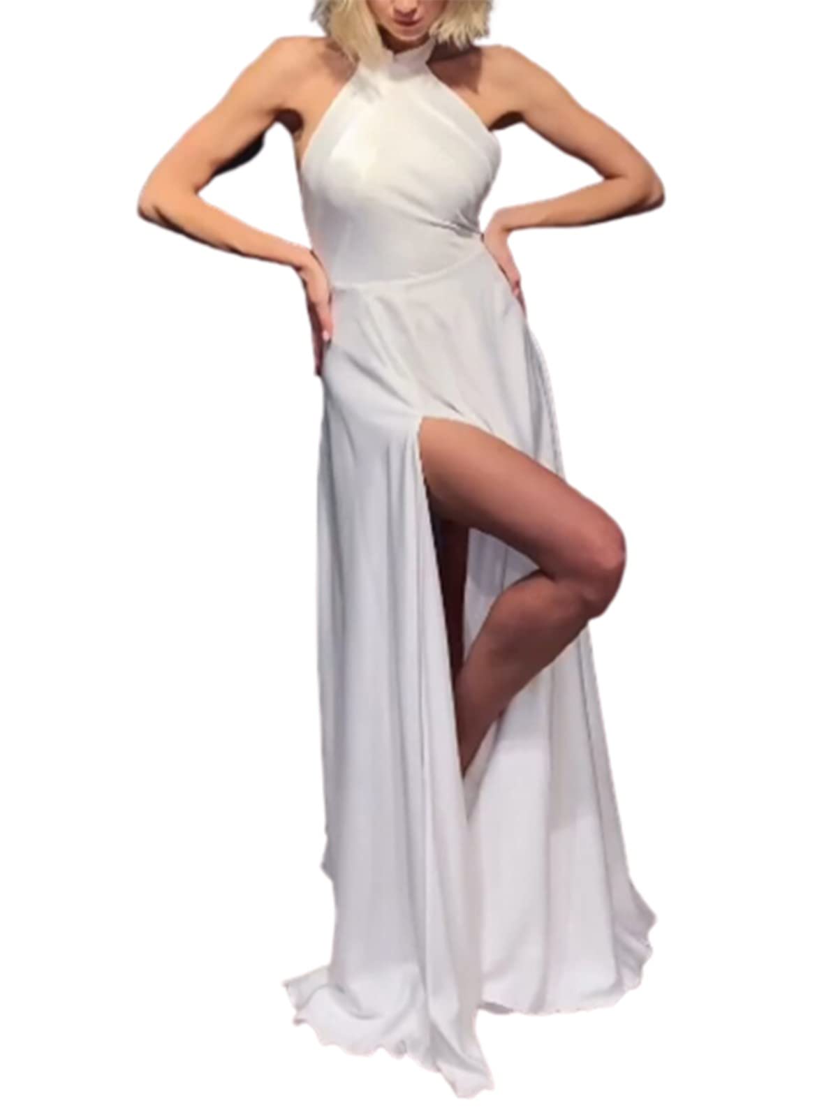 Elegant White Women's Halter Evening Dress with Thigh High Slit - Sexy Suspender Party Gown for Prom, Cocktail, Wedding & Formal Events