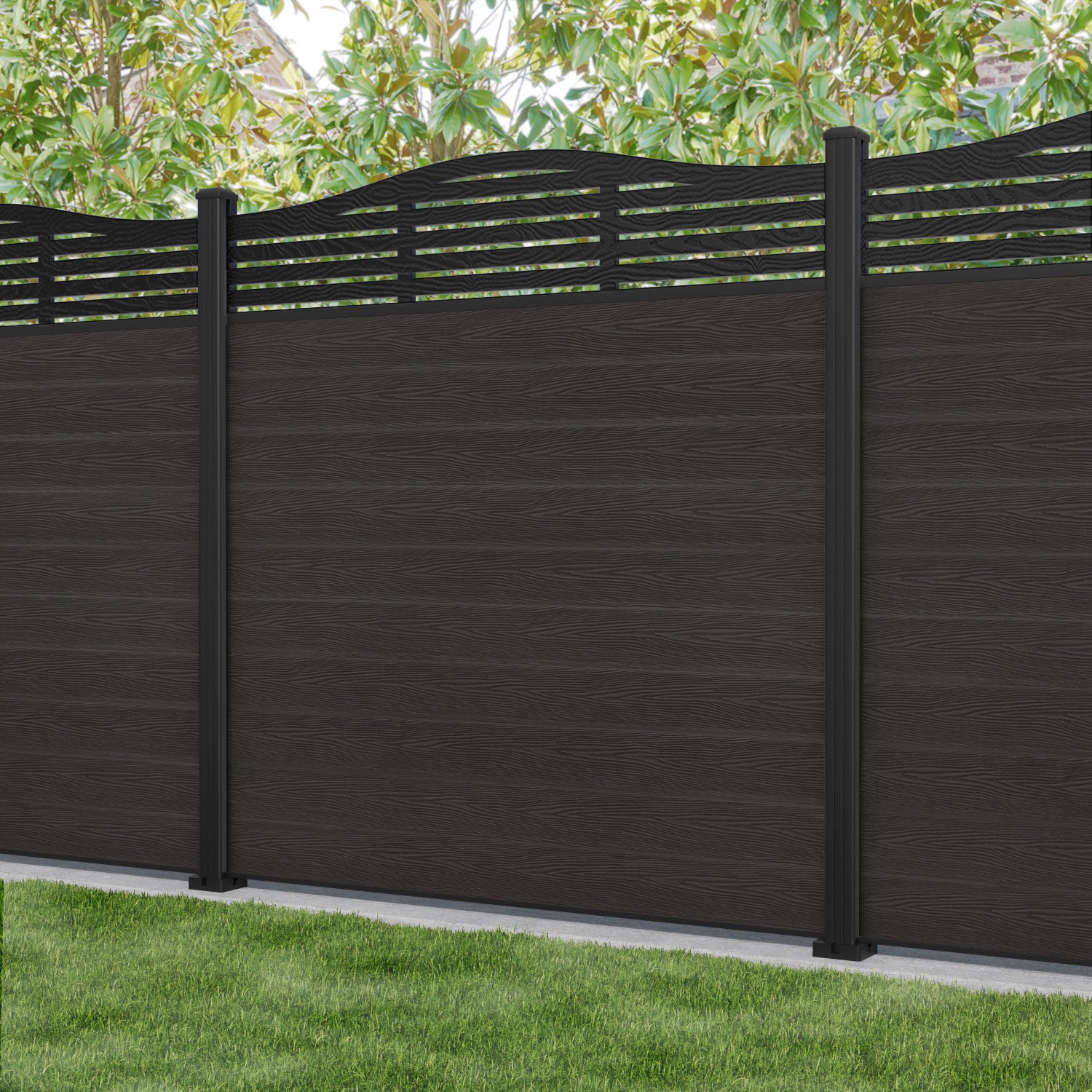 Dark Oak Classic Aspen Curved Top Fence Panel with Aluminum Posts - Perfect for Garden Borders, Backyard Privacy, and Landscape Decoration