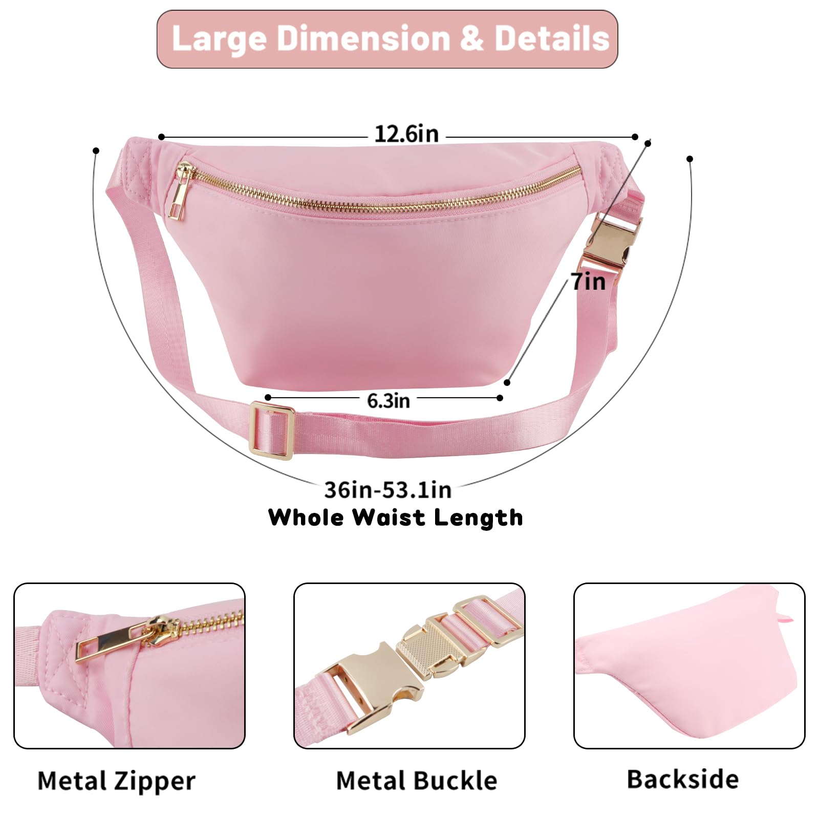 Waterproof Nylon Fanny Pack for Women - Large Plus Size Crossbody Sling Bag with Adjustable Belt, Travel & Stadium Approved (Baby Pink) - Perfect for Hiking, Concerts, Shopping and Daily Use