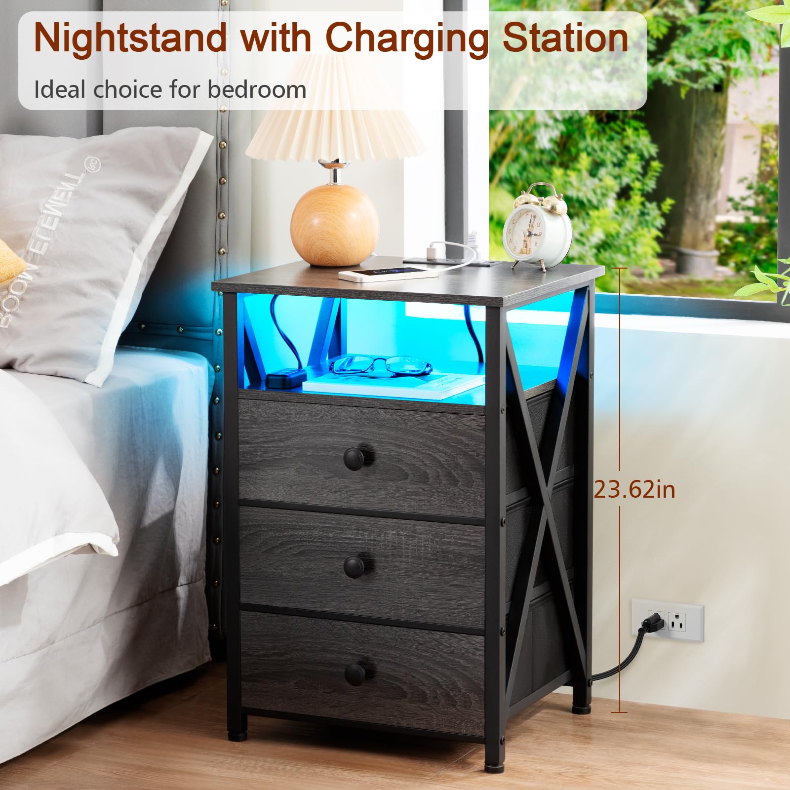 AMHANCIBLE LED Nightstand Set of 2 with USB Charging Station & Power Outlet - Modern Bedside Tables with Fabric Drawers for Bedroom & Living Room - Dark Grey End Tables (HET053LDG) - Perfect for Small Spaces & Apartment Decor