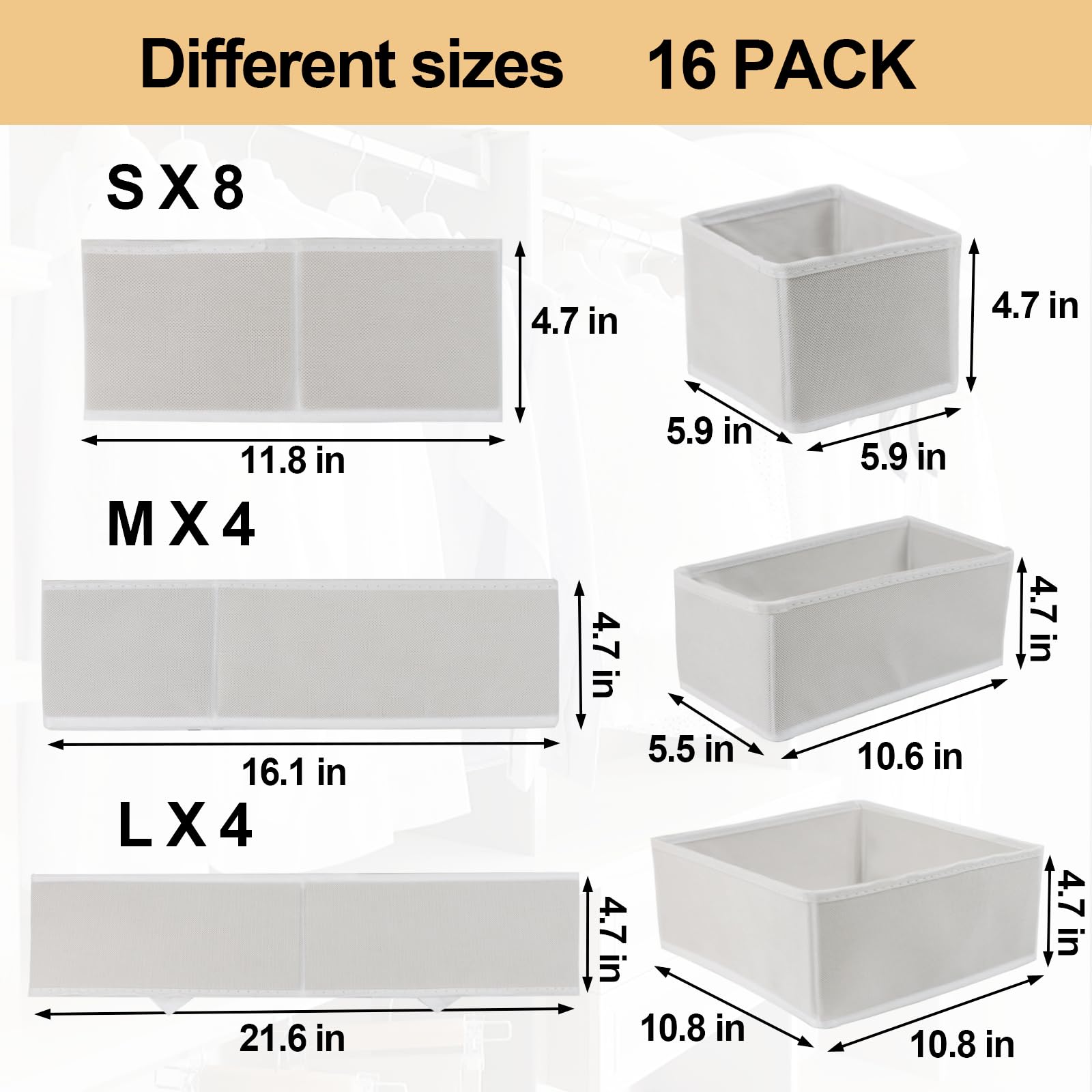 16-Piece Fabric Drawer Organizer Set - Foldable Storage Baskets & Closet Dividers for Clothes, Socks, Underwear & Ties | Cabinet & Dresser Organization | White Space-Saving Storage Solution for Bedroom, Bathroom & Nursery
