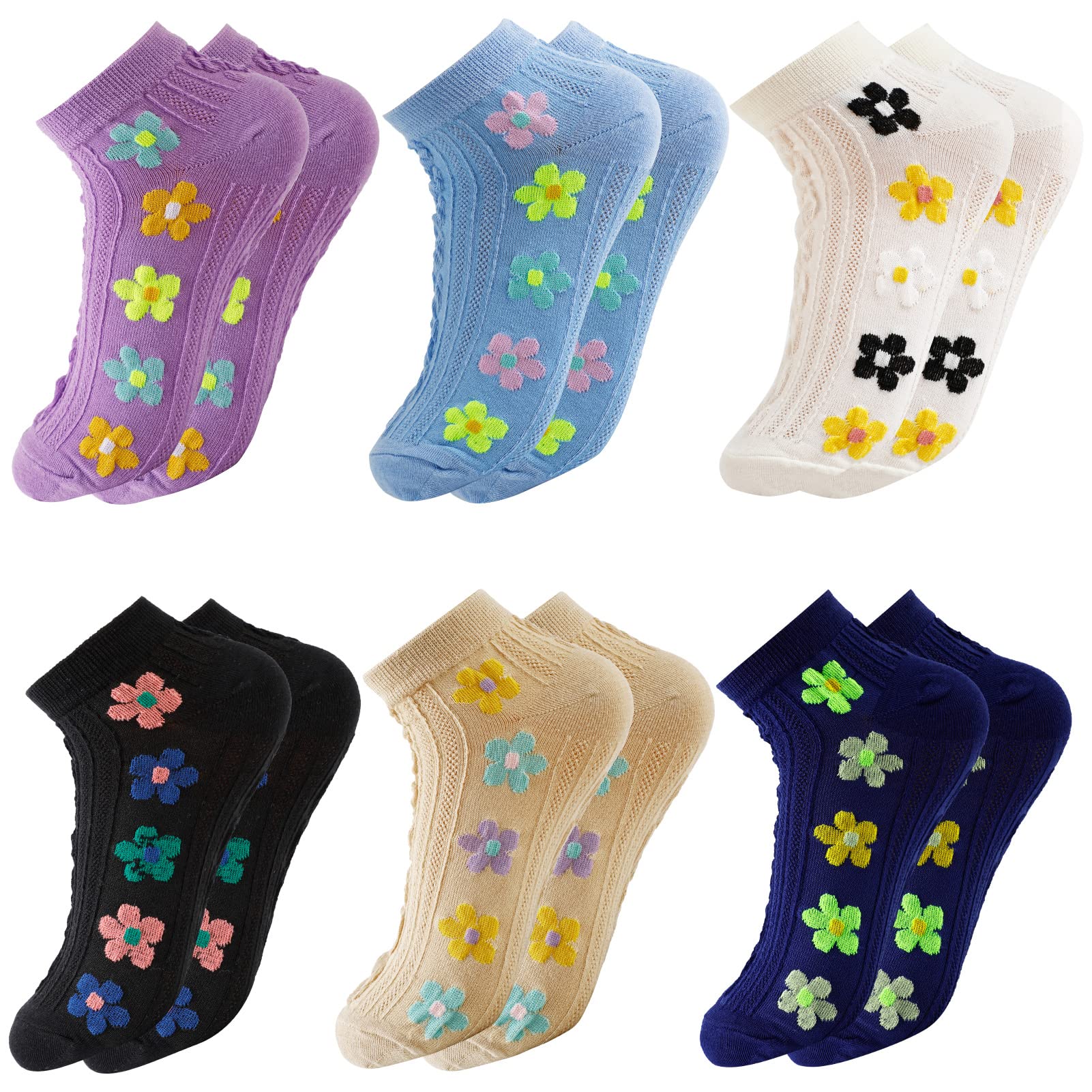 Anjetan Women's Flower Trainer Socks - 6 Pairs Soft Breathable Cotton No-Show Ankle Socks for Women Shoe Size 4-7 | Perfect for Running, Gym Workouts & Casual Wear