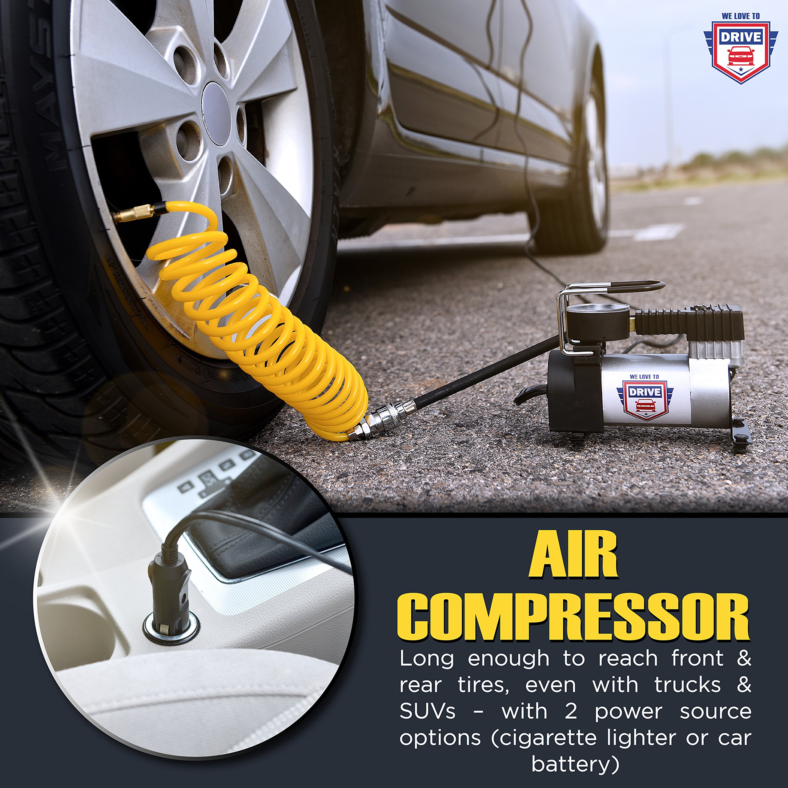 Portable 12V DC Air Compressor for Car Tires - 150 PSI Tire Inflator with Pressure Gauge, Tire Repair Kit & Emergency Accessories | Compact Air Pump for Roadside Assistance, Camping & Vehicle Maintenance