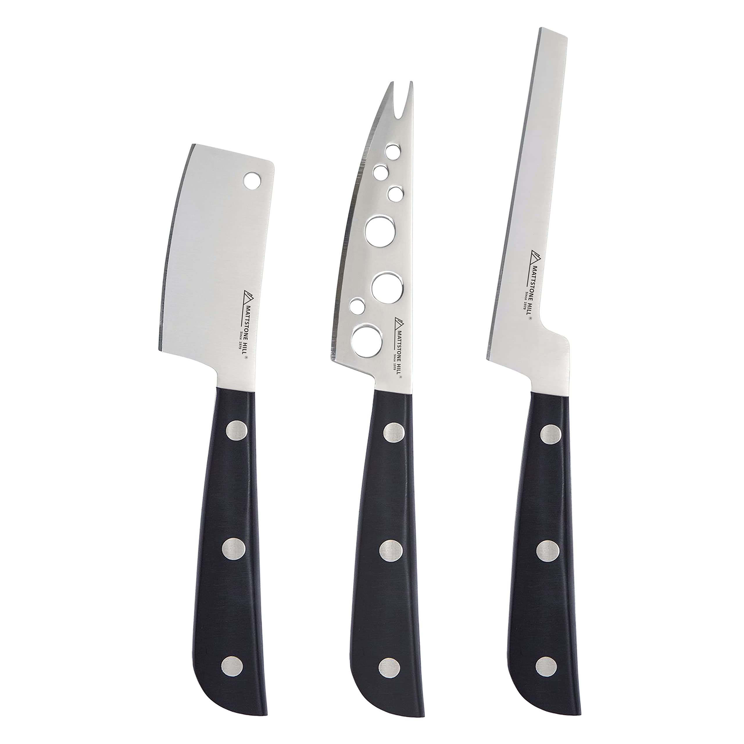 MATTSTONE HILL Premium Stainless Steel Cheese Knife Set - Soft & Semi-Hard Cheese Knives with Black Handle | Cheese Cleaver & Slicer for Parties, Charcuterie Boards & Gourmet Cheese Tasting