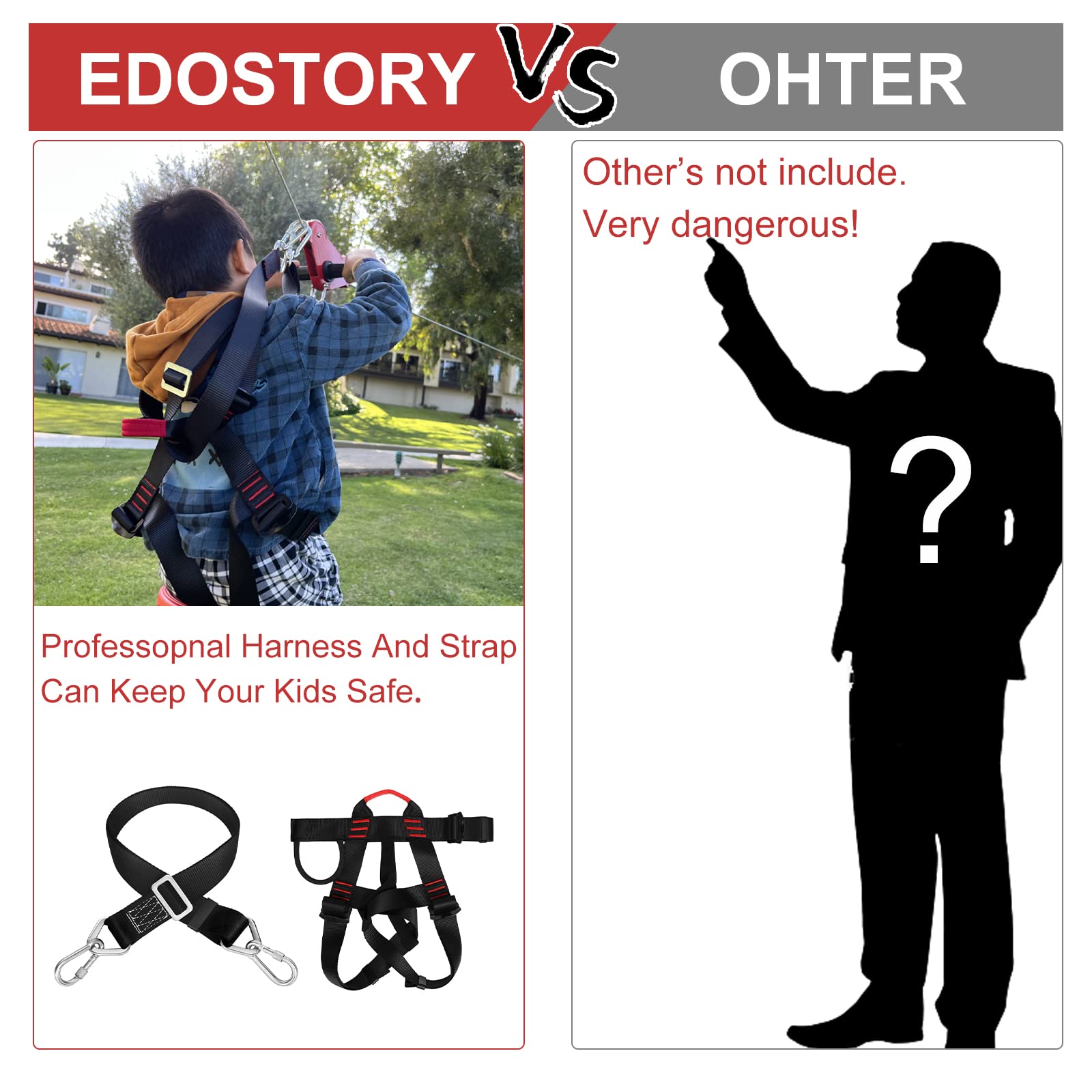 EDOSTORY 160ft Heavy Duty Backyard Zip Line Kit for Kids & Adults - Supports Up to 330lbs with Stainless Steel Cable, Spring Brake & Safety Harness | Outdoor Adventure Play Equipment for Backyards, Parks & Camping | Great Christmas & Birthday Gift for Kids (Red)