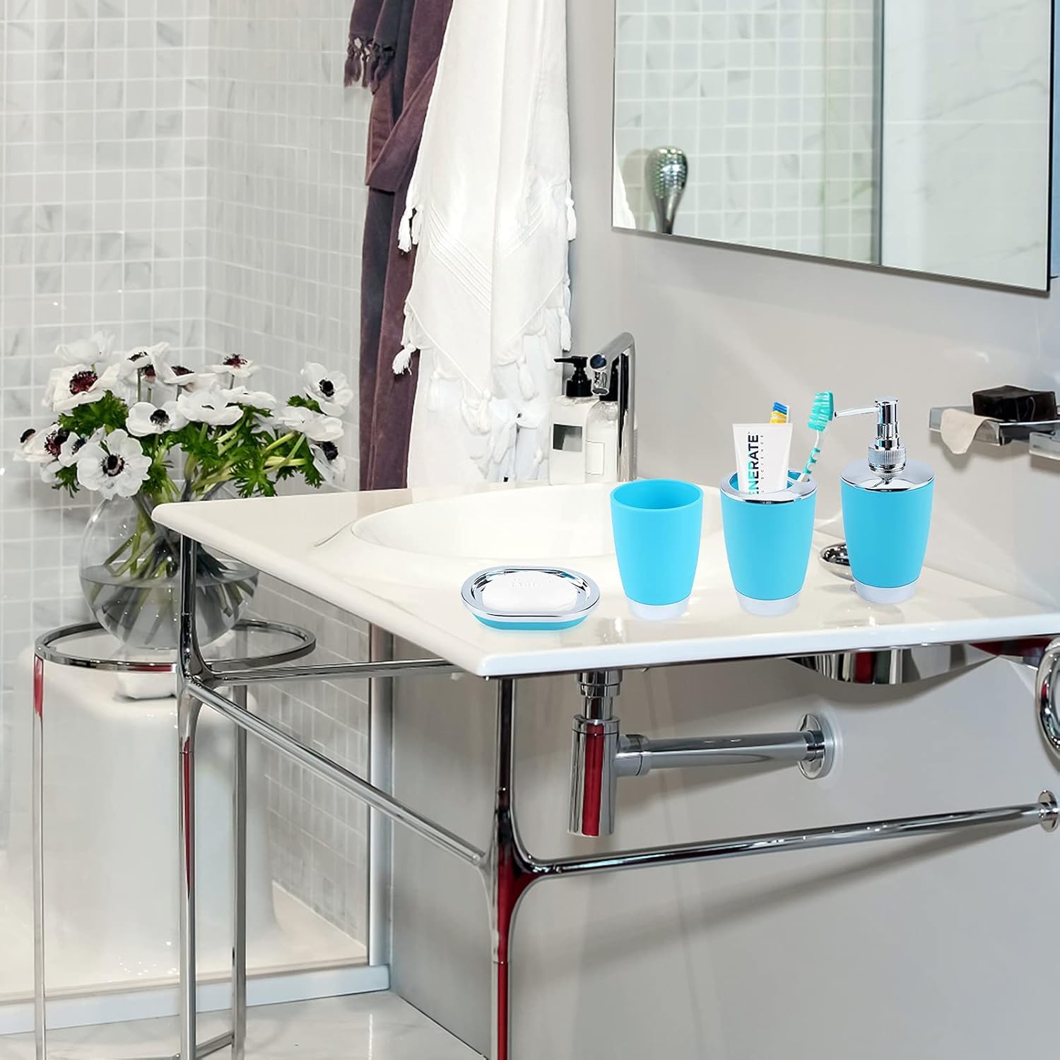6-Piece Blue Plastic Bathroom Accessories Set - Includes Soap Dispenser, Toothbrush Holder, Trash Can, Soap Dish, Toothbrush Cup & Lotion Bottles - Perfect for Bathroom Organization & Home Decor