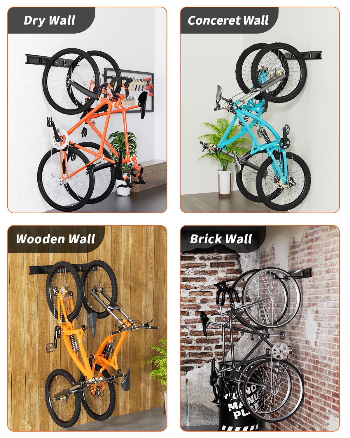 Heavy Duty Bike Rack Wall Mount - 300 lbs Capacity Adjustable Garage Bike Hooks with 4 Hooks & 3 Rails (48 Inch Black) - Perfect for Indoor Bike Storage, Garage Organization & Space Saving Solutions