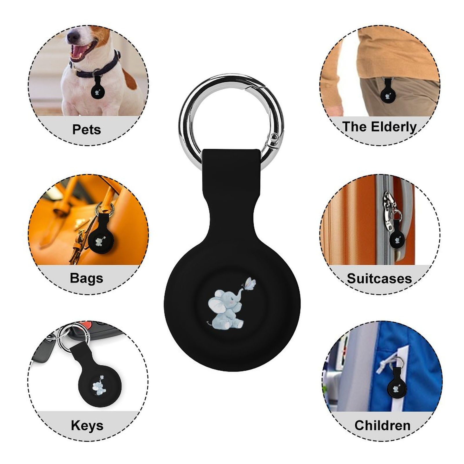 Elephant with Butterfly AirTag Case - Silicone Protective Cover with Keychain for Apple AirTag Tracker - Cute Animal Design Key Ring Holder (1 Pack) - Perfect for Travel, Luggage, Pets & Key Organization