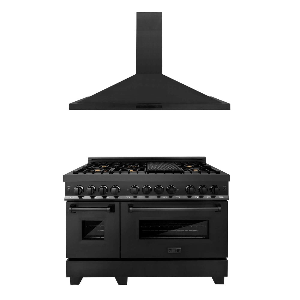 ZLINE 48 Inch Professional Kitchen Package - Black Stainless Steel Dual Fuel Range with Convertible Range Hood (2KP RABRH48) | Perfect for Home Chefs & Modern Kitchens