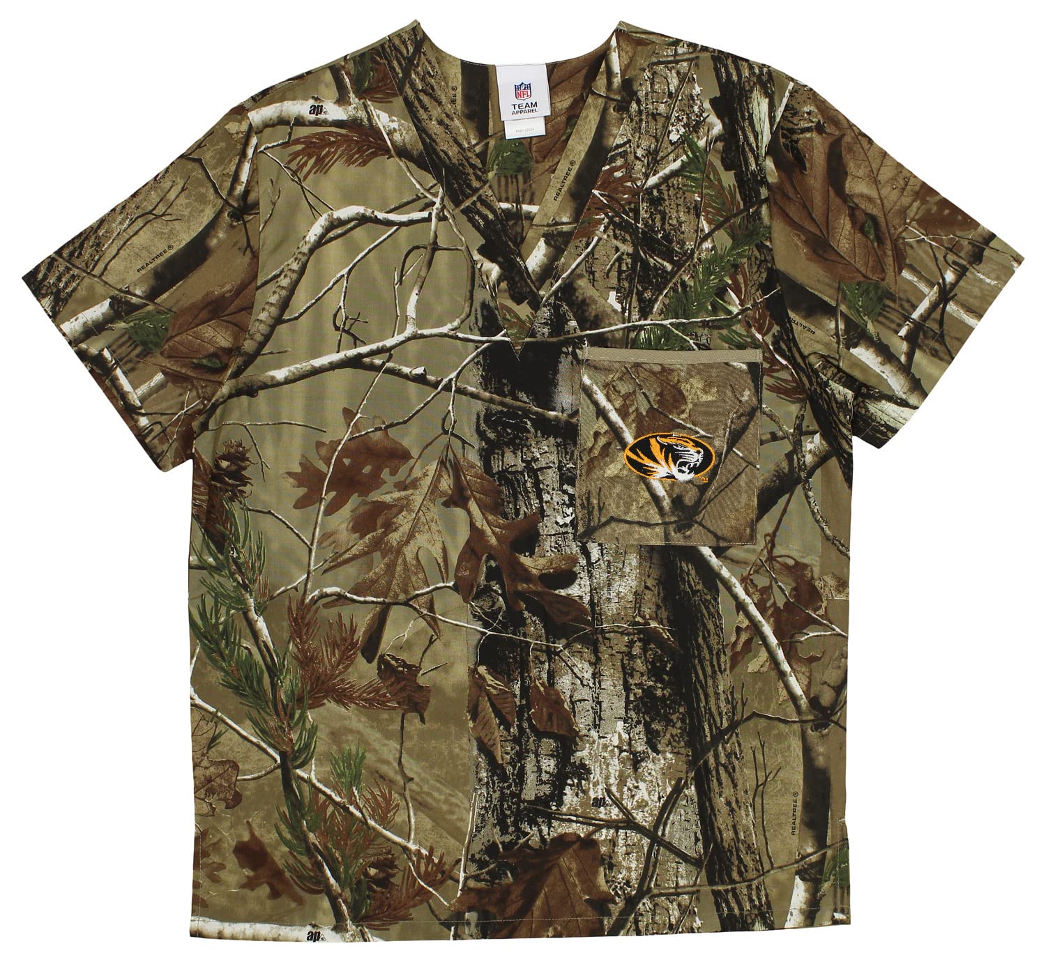 Fabrique Innovations NCAA Unisex Camo Team Logo Scrub Top - Medical Uniform for Doctors, Nurses & Healthcare Professionals - Perfect for Hospitals, Clinics & Workwear