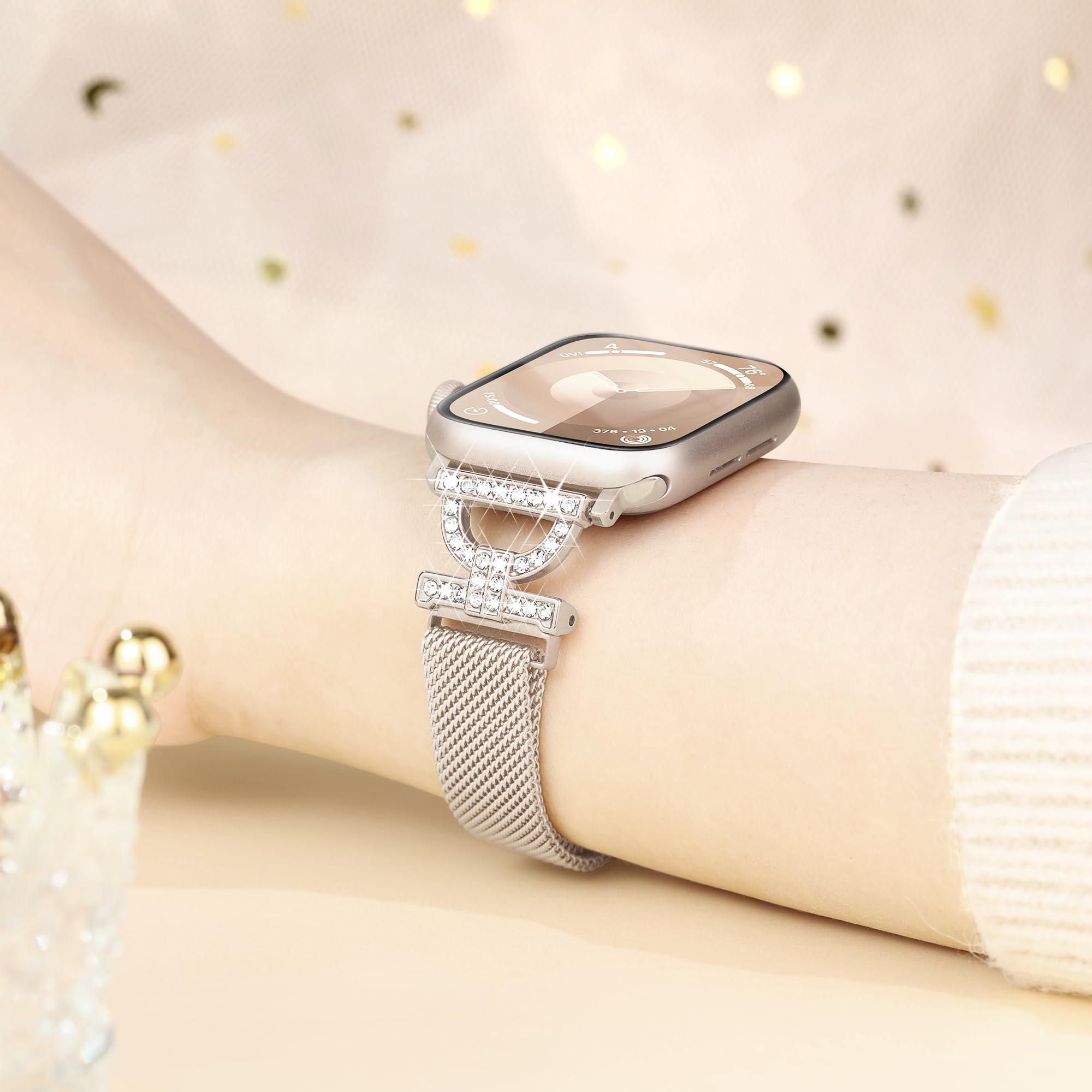 Sparkly Diamond Apple Watch Band for Women - Compatible with Series 10/9/8/7/6/5/4/3/2/1 & SE, 38mm/40mm/41mm/42mm - D-Shaped Slim Sport Bracelet (Starlight) | Perfect for Parties, Weddings & Everyday Elegant Style