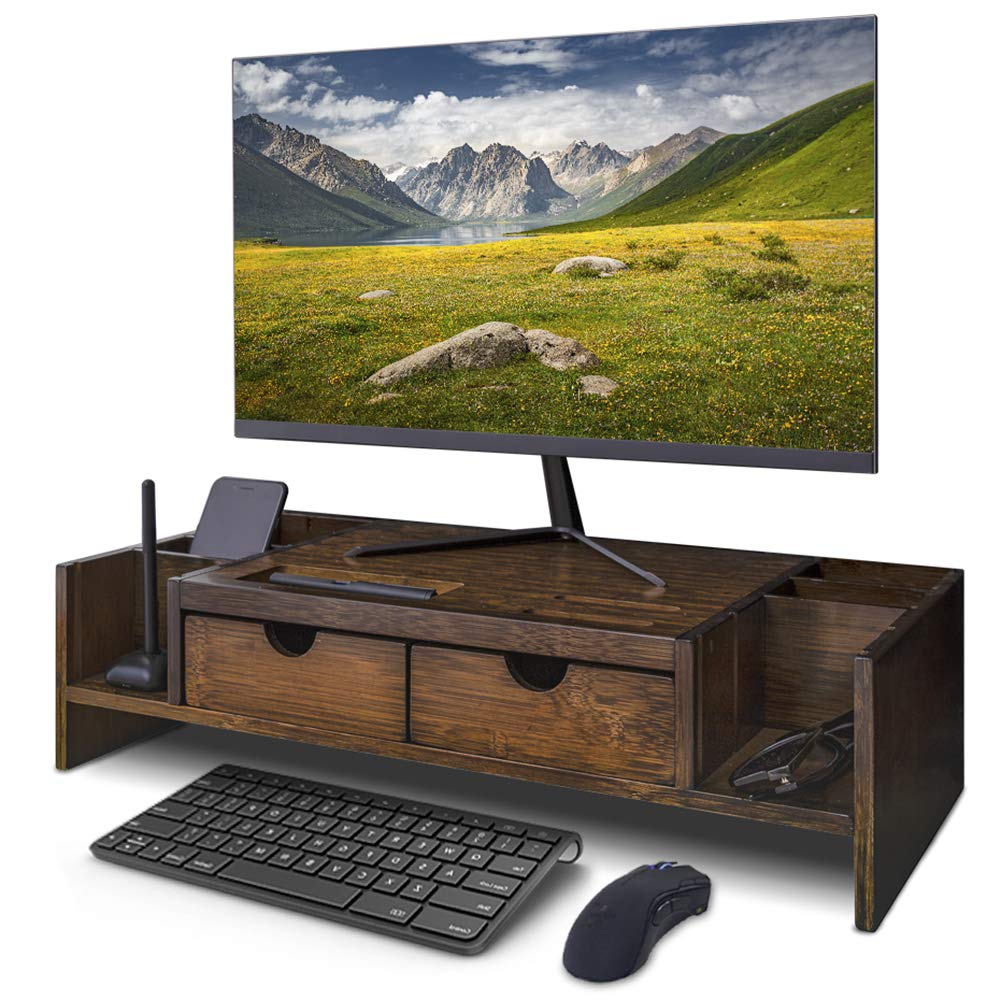 Luxury Bamboo Monitor Stand with Adjustable Storage Drawers - Computer Riser Organizer for Laptop, Phone & Printer - Antique Brown Home Office Desk Accessory for Workspace Organization & Ergonomic Setup