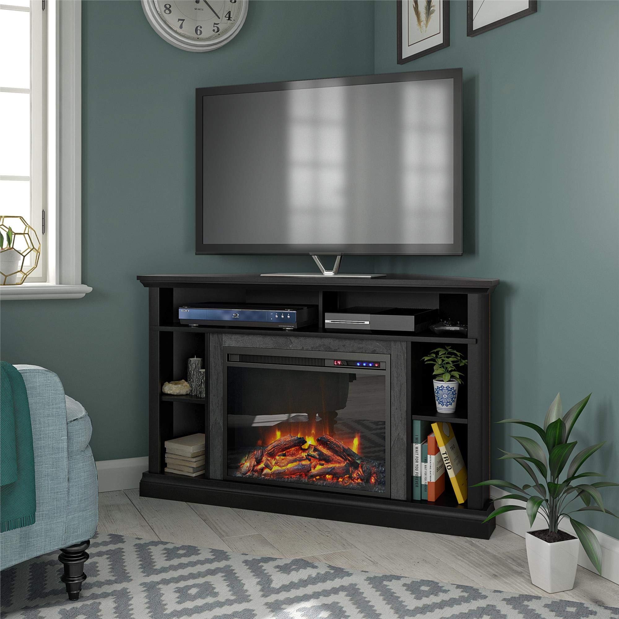 Ameriwood Home Overland 50 Inch TV Stand with Electric Fireplace Insert - Black | Remote Control, Timer, Realistic Flame Effect | Perfect for Living Room, Bedroom & Home Theater Setup