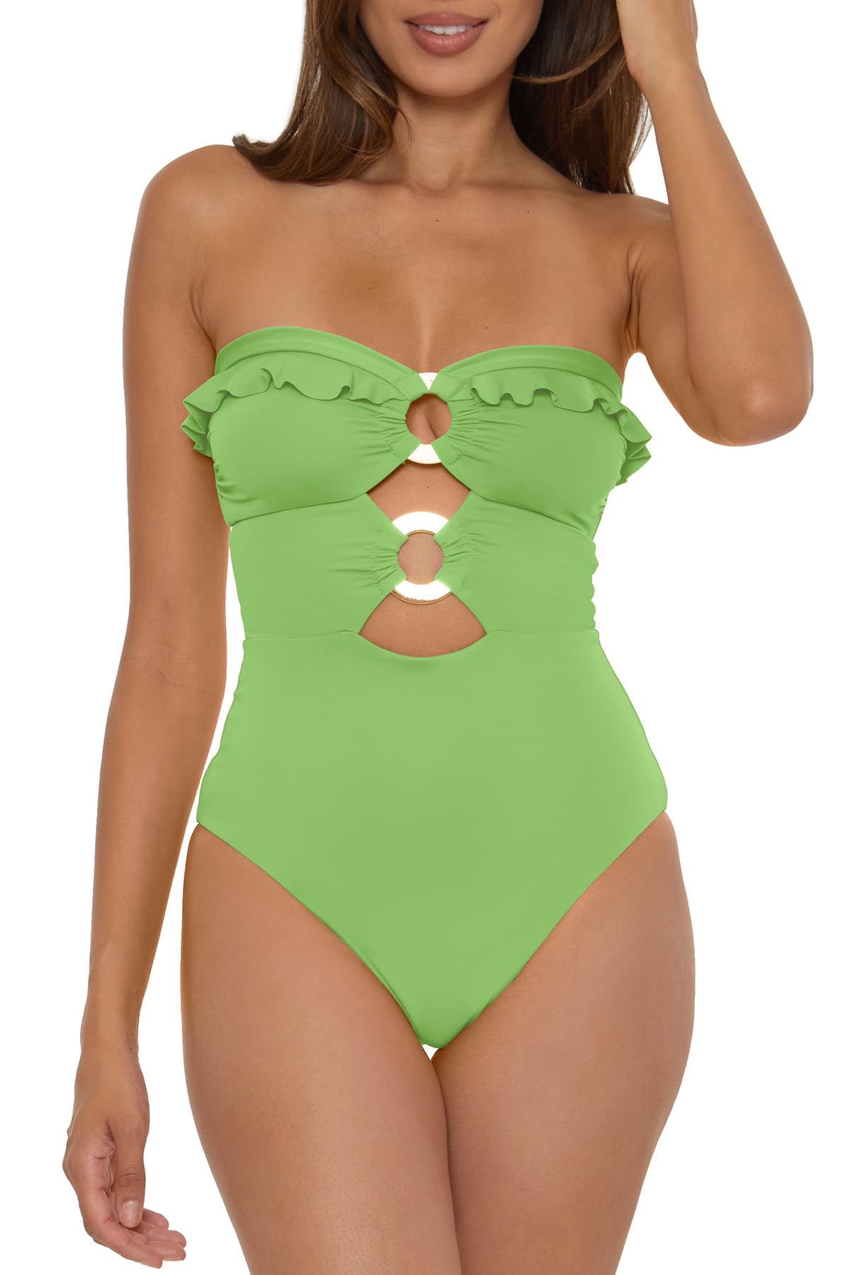 Women's One Piece Bandeau Swimsuit with Cut Out Neckline & Gold Rings - Removable Cups, Medium, Matcha Green | Sexy Swimwear for Beach, Pool & Vacation