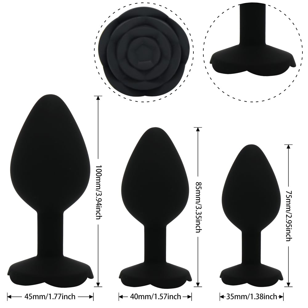 Premium Silicone Anal Plugs Set - 3 Pcs Floral Design Anal Training Kit for Adults (Black) | Comfortable & Body-Safe | Perfect for Beginners & Advanced Play | Enhance Intimacy & Explore Sensations