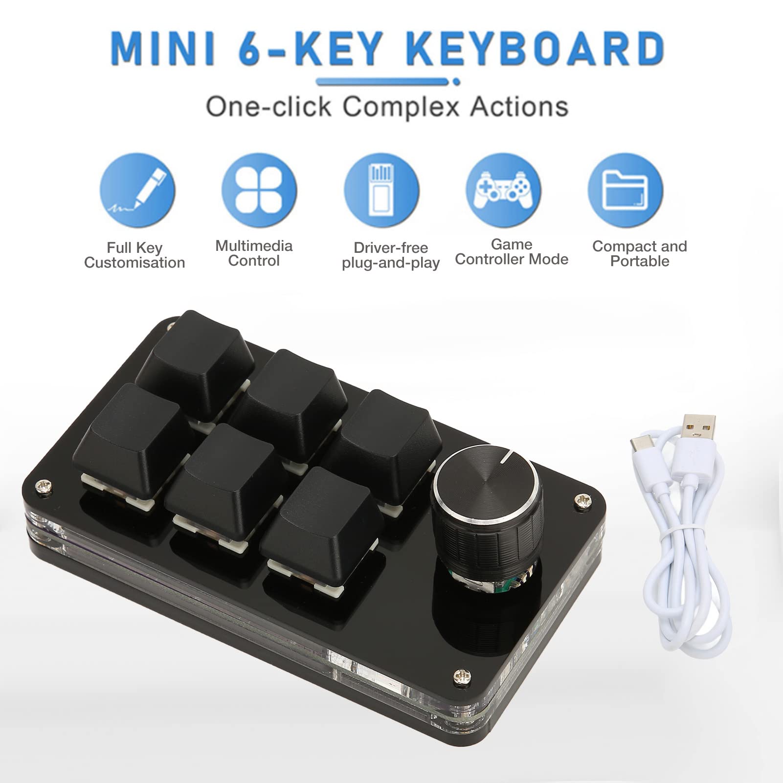 GOWENIC 6-Key Programmable Macro Pad - Mini USB Gaming Keypad with Rotary Knob for OSU, Office & PC (Perfect for Gamers, Streamers & Programmers)