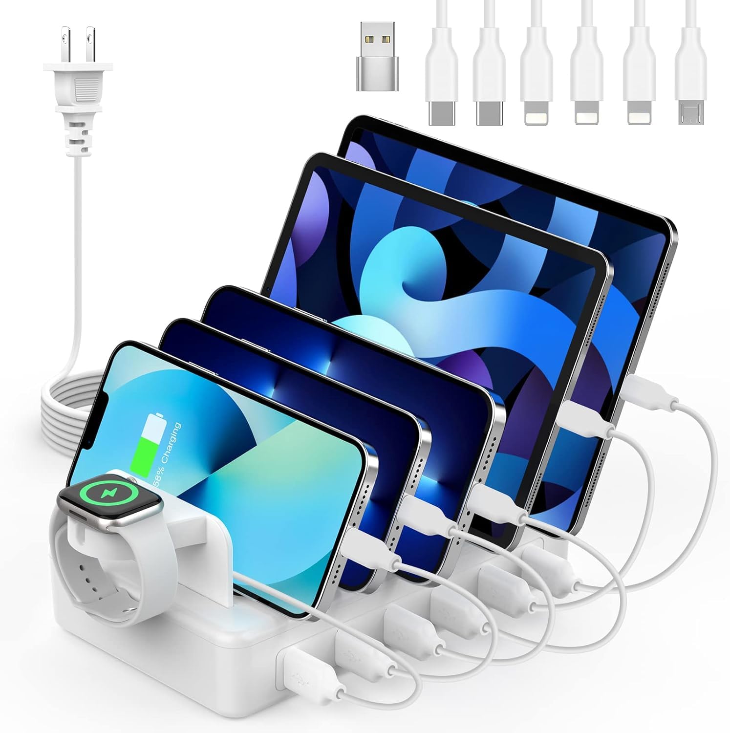 50W 6-Port USB Charging Station with 6 Cables - Fast Multi-Device Charger for iPhone, Android, iPad, Tablet, Kindle & Apple Watch | Perfect for Home, Office & Travel Organization